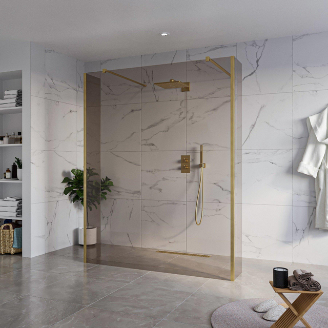 Fortifura Galeria Vrijstaande Inloopdouche - 160x200cm - Rookglas - antikalk - 8mm veiligheidsglas - 2 zijwanden 30cm - wandsteunen en hoekprofielen - Geborsteld Messing PVD (Goud) SW927770 2x/SW79794