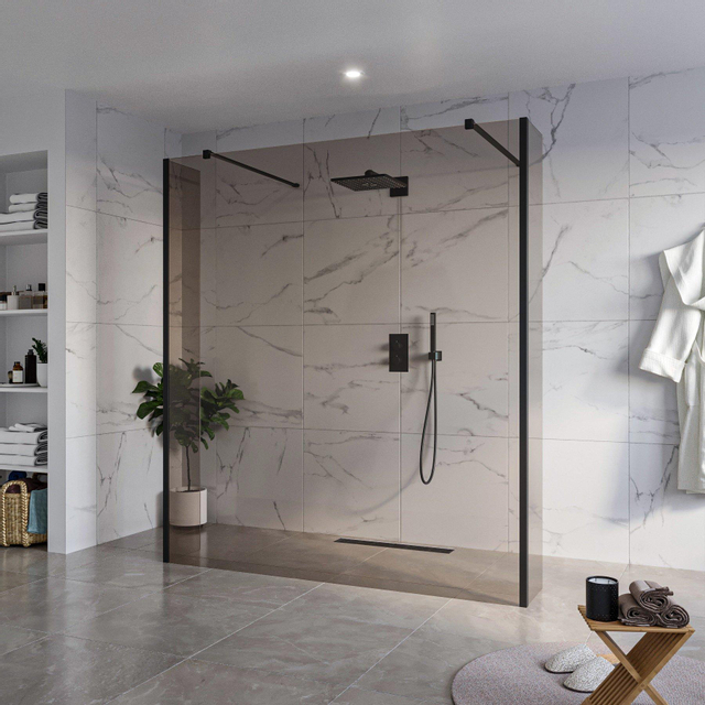 Fortifura Galeria Vrijstaande Inloopdouche - 180x200cm - Rookglas - antikalk - 8mm veiligheidsglas - 2 zijwanden 30cm - wandsteunen en hoekprofielen - Zwart mat SW927767 2x/SW797943/SW797930 2x/SW3580