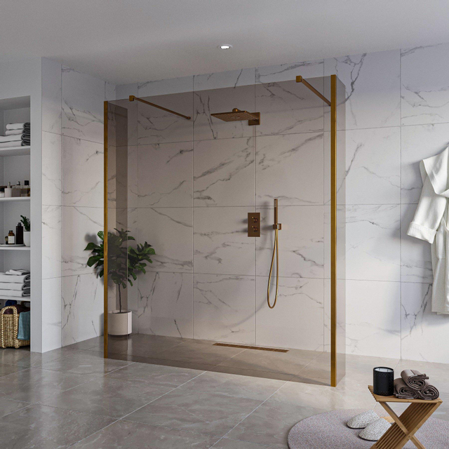 Fortifura Galeria Vrijstaande Inloopdouche - 180x200cm - Rookglas - antikalk - 8mm veiligheidsglas - 2 zijwanden 30cm - wandsteunen en hoekprofielen - Geborsteld koper PVD (Koper) SW927772 2x/SW797943