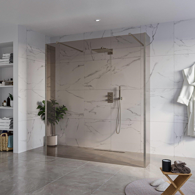 Fortifura Galeria Vrijstaande Inloopdouche - 180x200cm - Rookglas - antikalk - 8mm veiligheidsglas - 2 zijwanden 30cm - wandsteunen en hoekprofielen - Geborsteld Gunmetal PVD SW927771 2x/SW797943/SW79