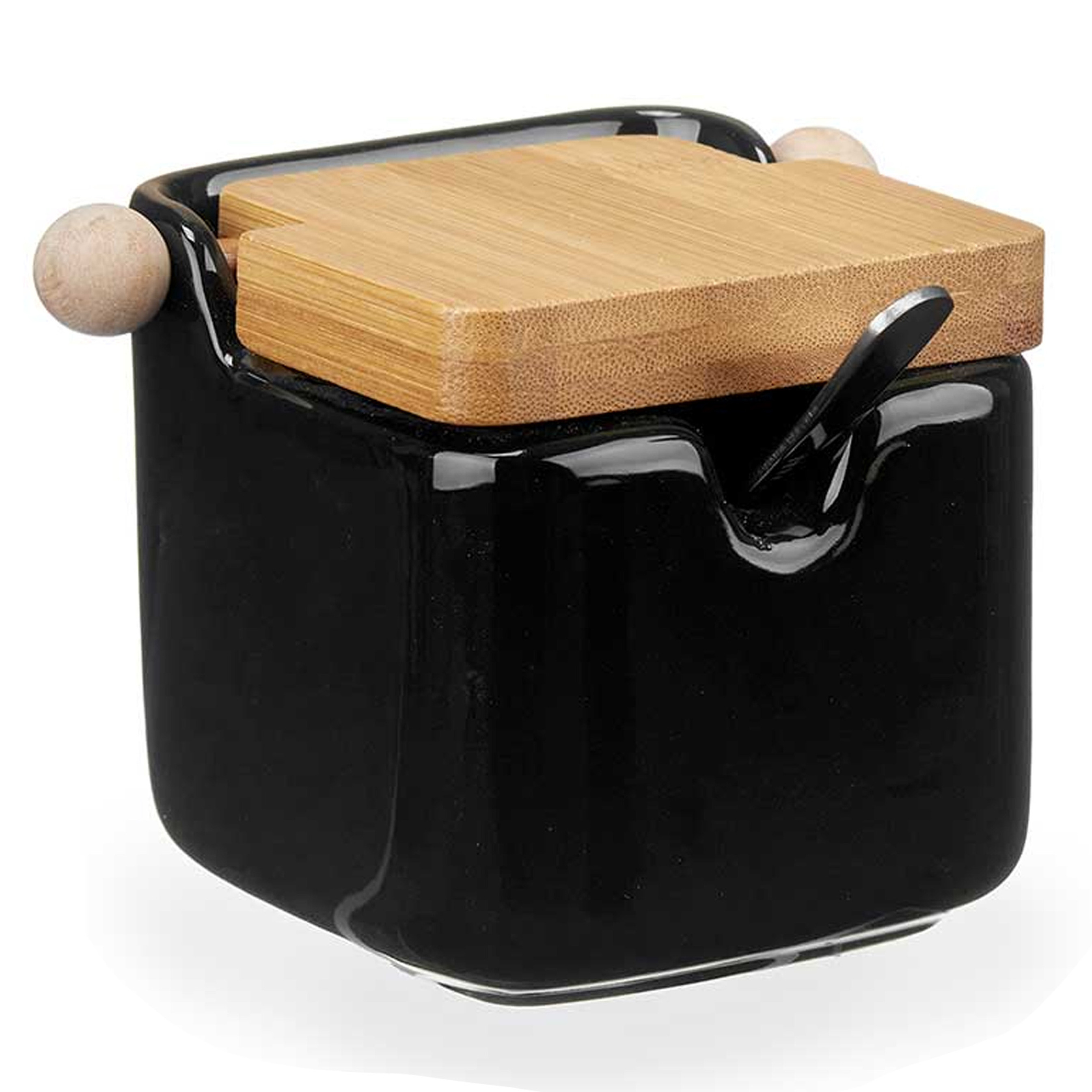 Kinvara Suikerpot met deksel - zwart - 190 ml - porselein - bamboe - 7,5 x 11 x 7,5 cm -