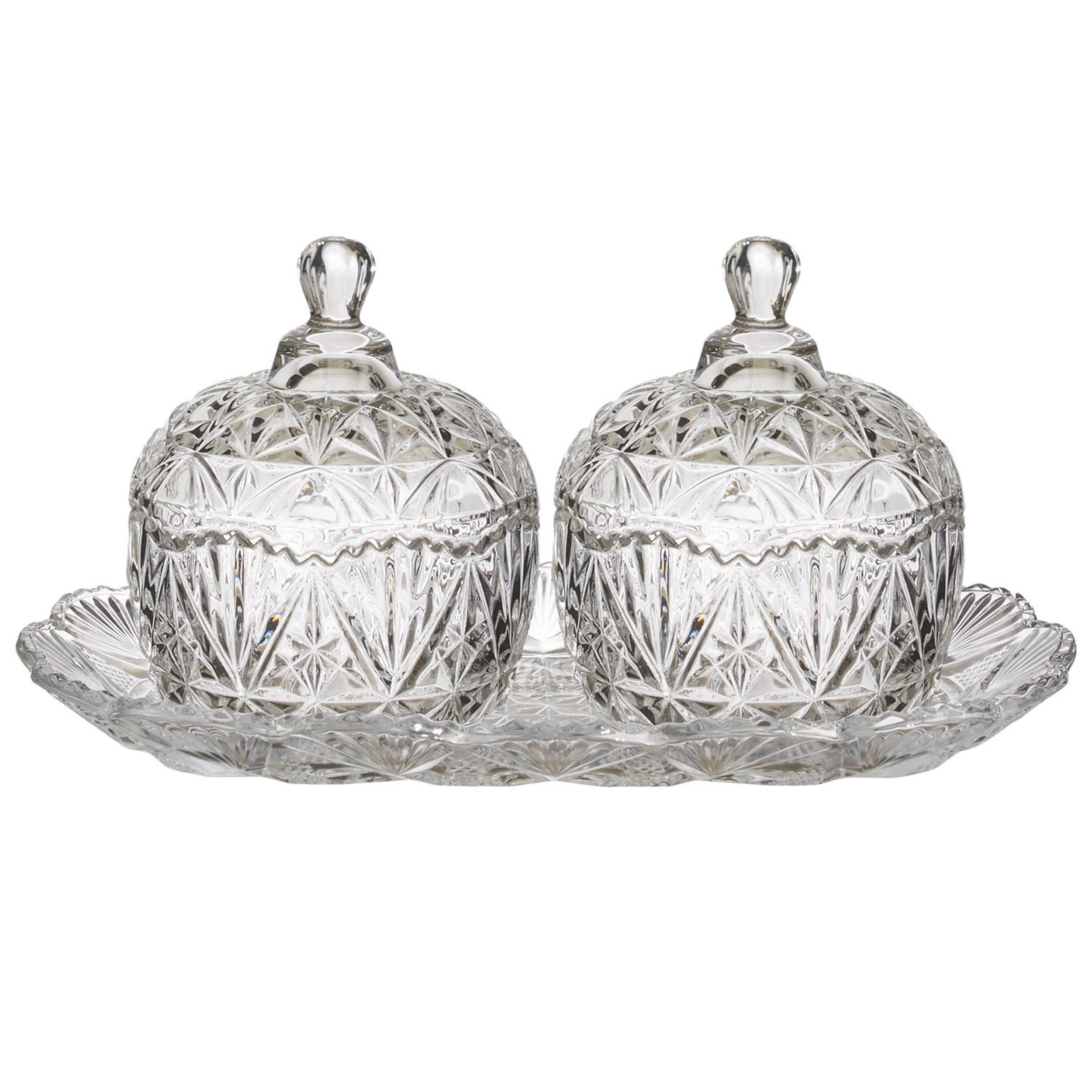 Home Deco Factory 2x Bonbonnieres op plateau - Gedecoreerd glas - 14 x 26 cm - snoeppot -