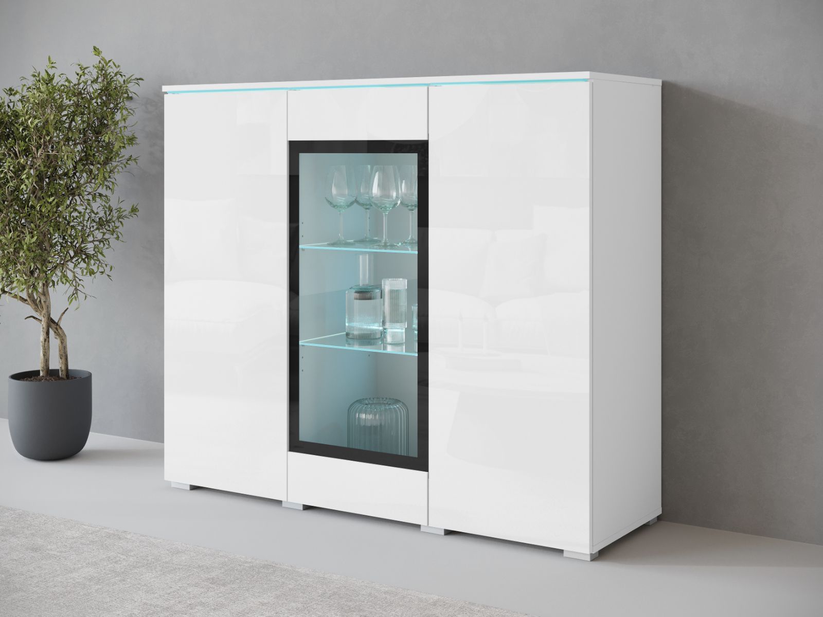 Mobistoxx Hoge commode VITTORIO 3 deuren wit/hoogglans wit met led