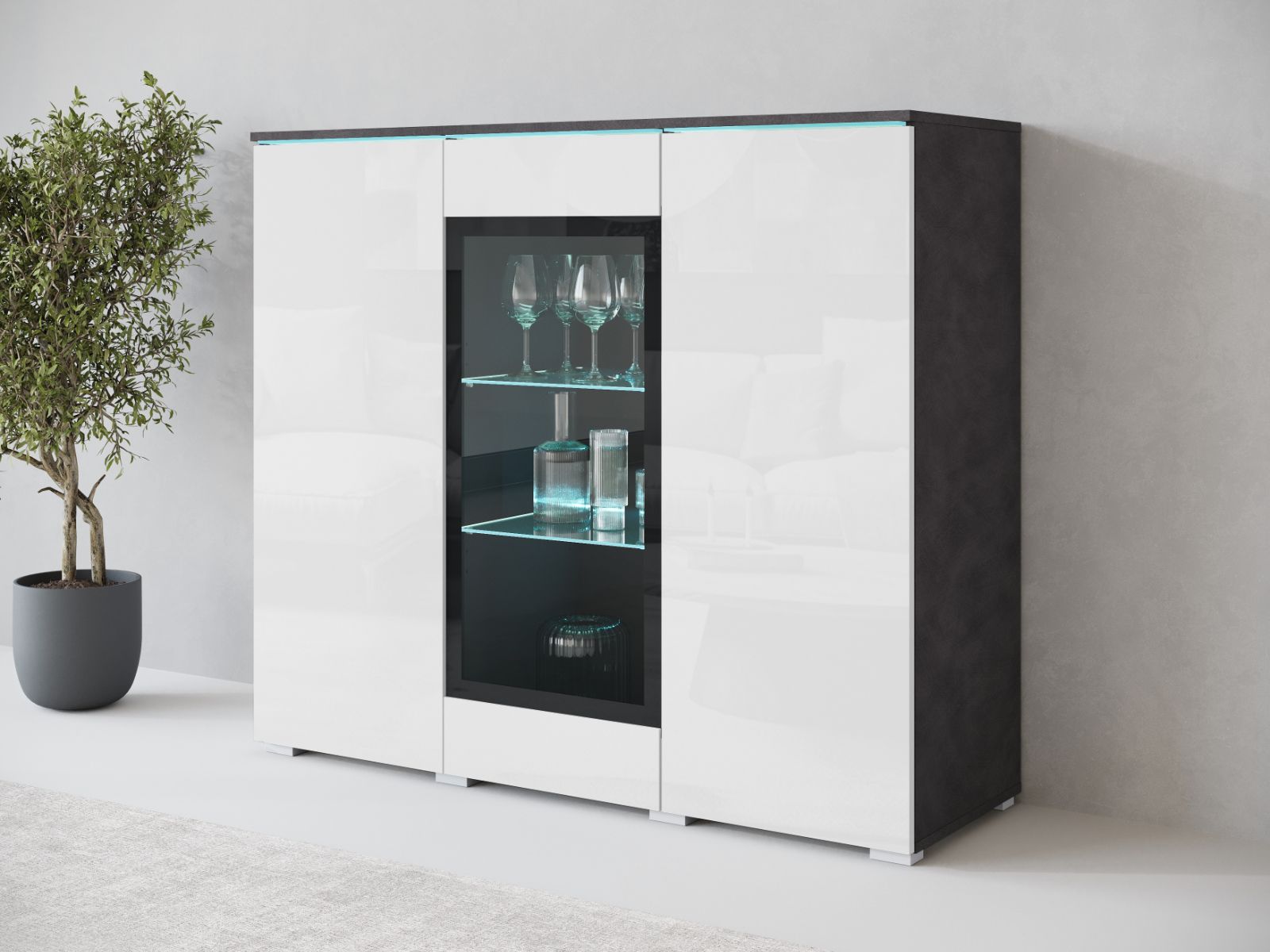 Mobistoxx Hoge commode VITTORIO 3 deuren grafiet/hoogglans wit met led