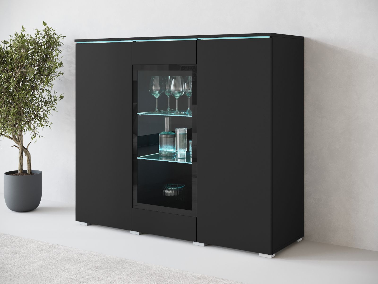 Mobistoxx Hoge commode VITTORIO 3 deuren grafiet met led