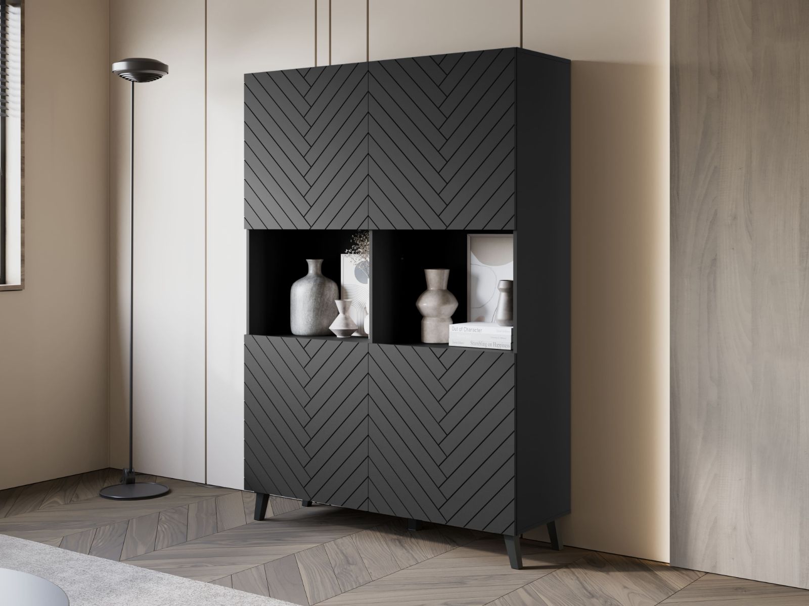 Mobistoxx Hoge commode FUKETTE 4 deuren 120 cm grafiet/zwart