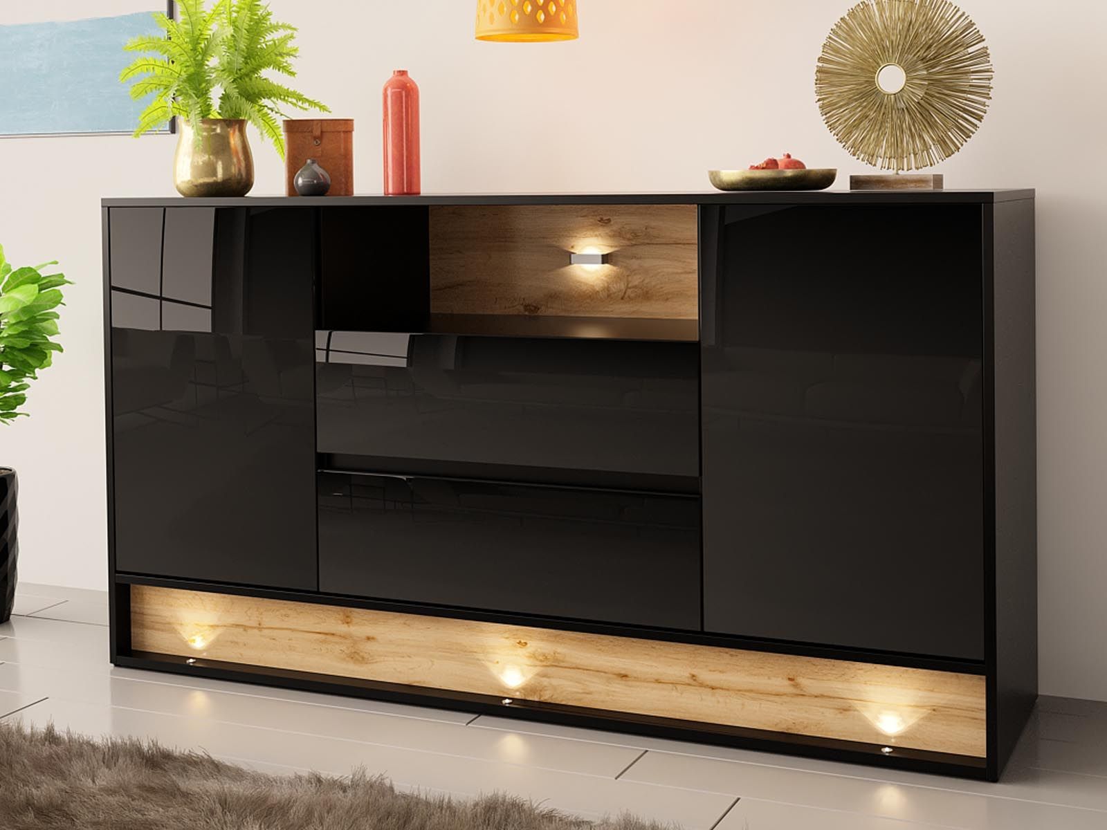 Mobistoxx Dressoir VISION 2 deuren 2 lades eik/hoogglans zwart