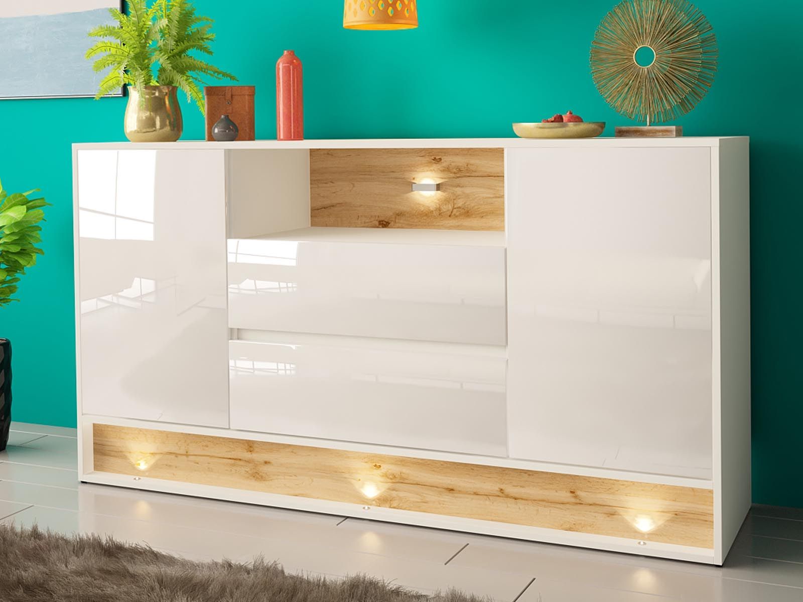 Mobistoxx Dressoir VISION 2 deuren 2 lades eik/hoogglans wit