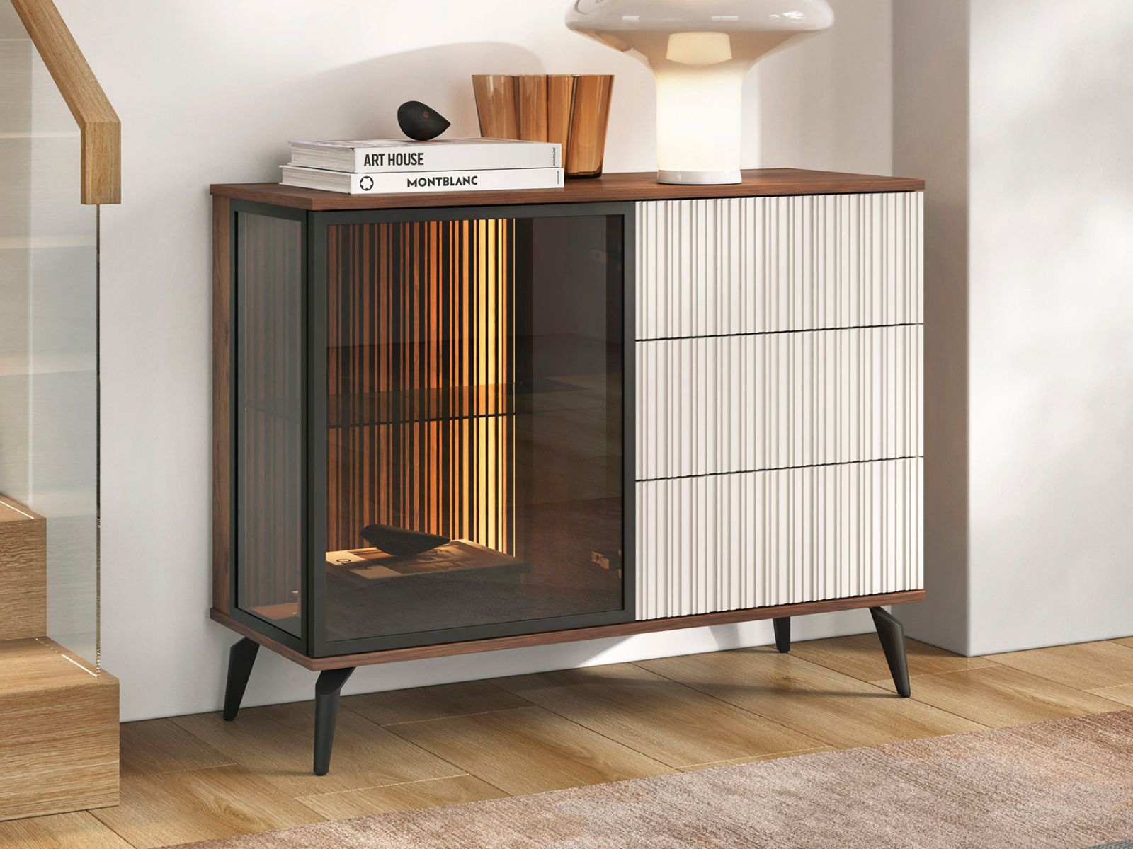Mobistoxx Dressoir VENRUTA 1 deur 3 lades warmia walnoot/kasjmier met led