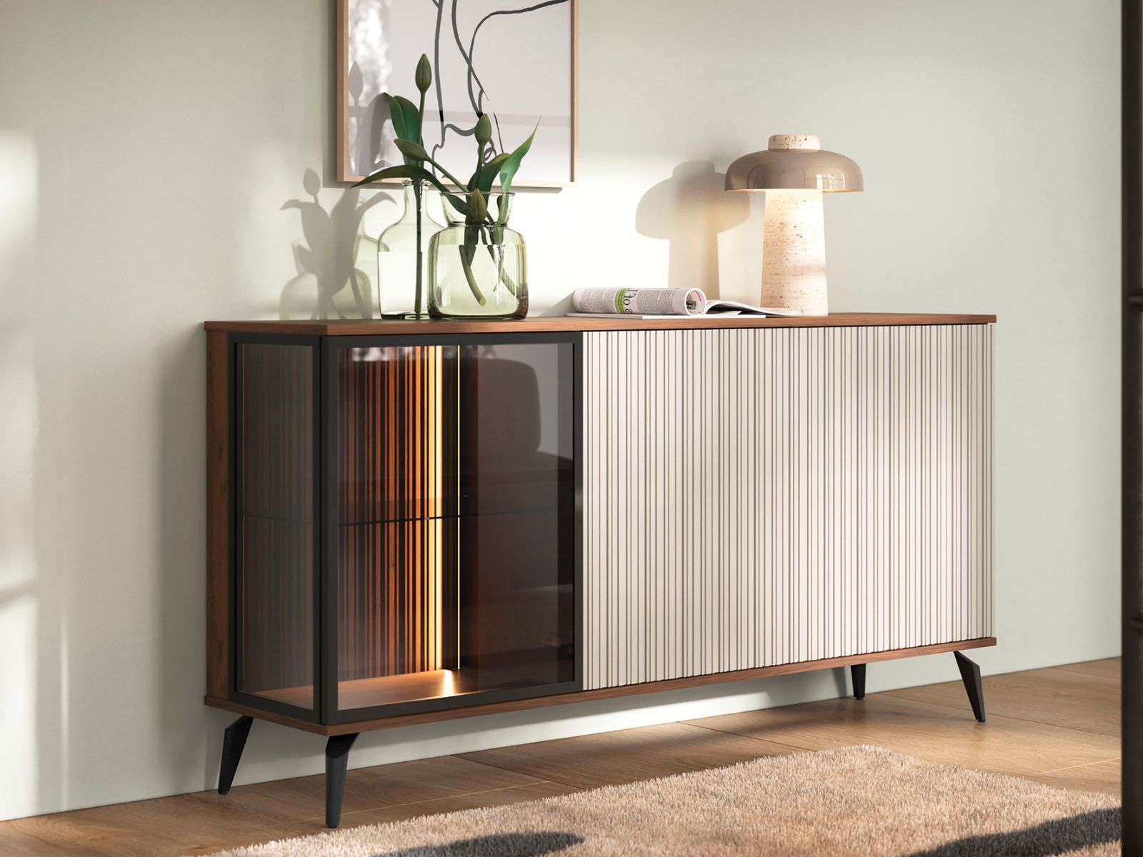 Mobistoxx Dressoir VENRUTA 3 deuren warmia walnoot/kasjmier met led
