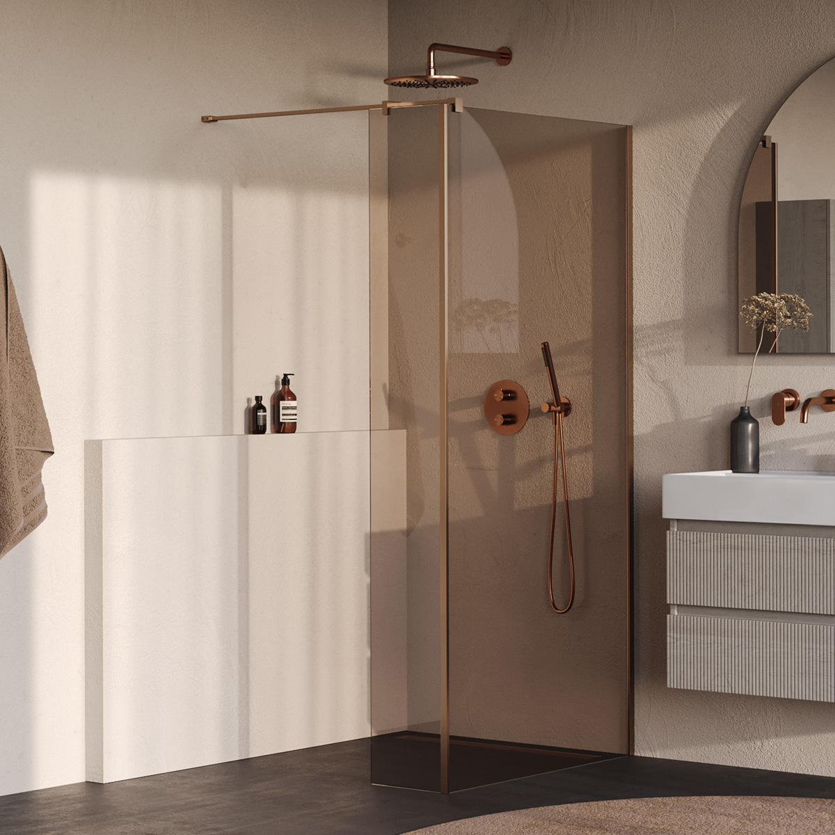 Brauer Oblivion inloopdouche bronsglas 90cm met 30cm zijwand koper geborsteld PVD
