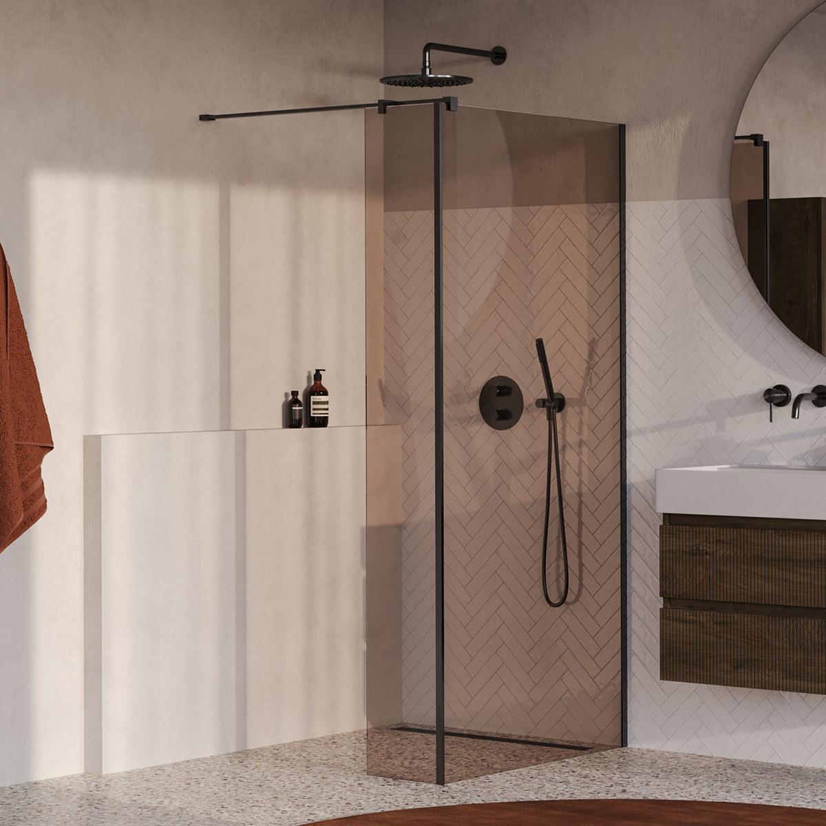Brauer Oblivion inloopdouche bronsglas 100cm met 30cm zijwand gunmetal geborsteld PVD