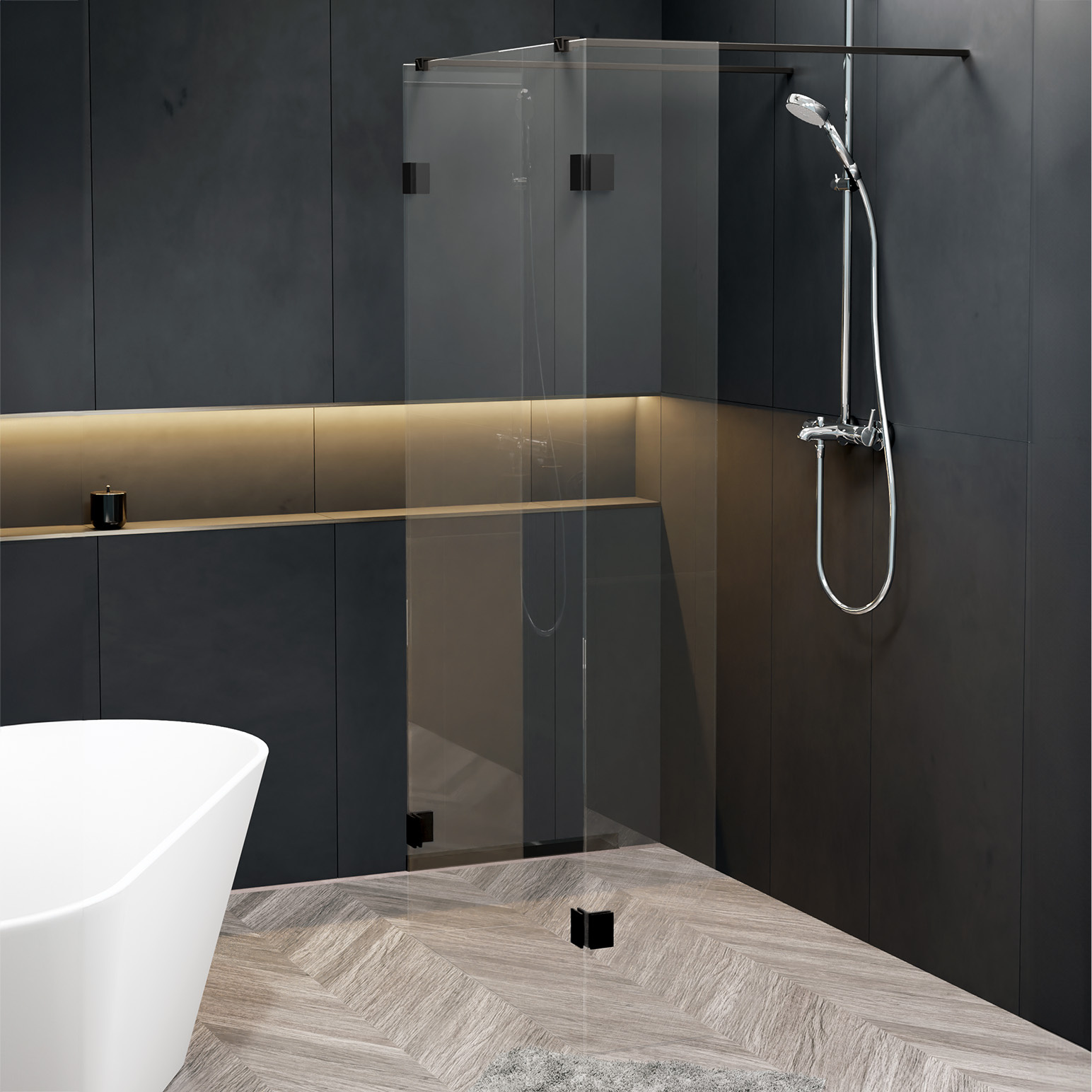 Riho Scandic X202 vrijstaande douchewand 135cm met 40cm zijwand zwart mat
