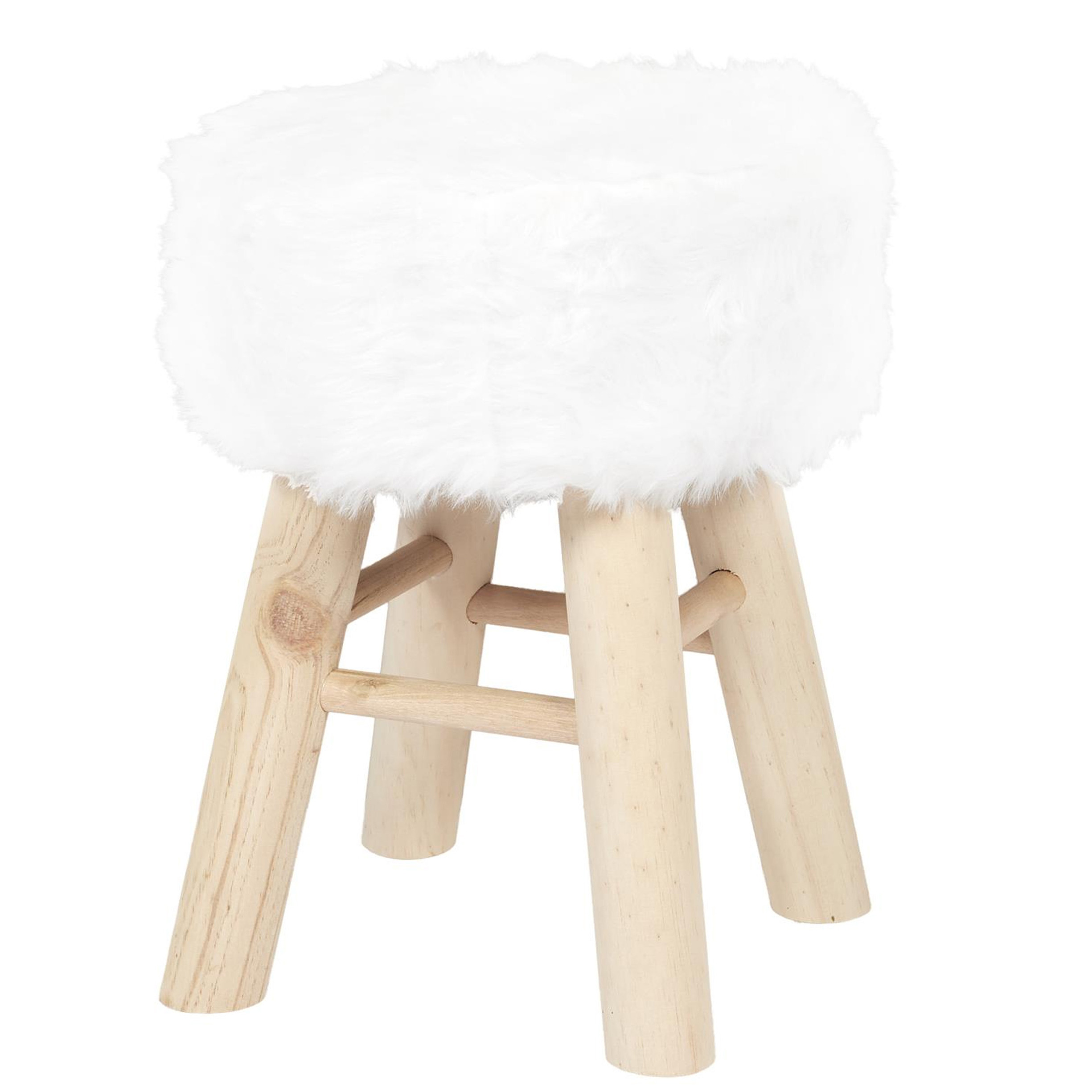 Home Deco Factory Bijzet krukje Pluche - naturel - dennenhout - D28 x H40 cm - trendy en zacht -