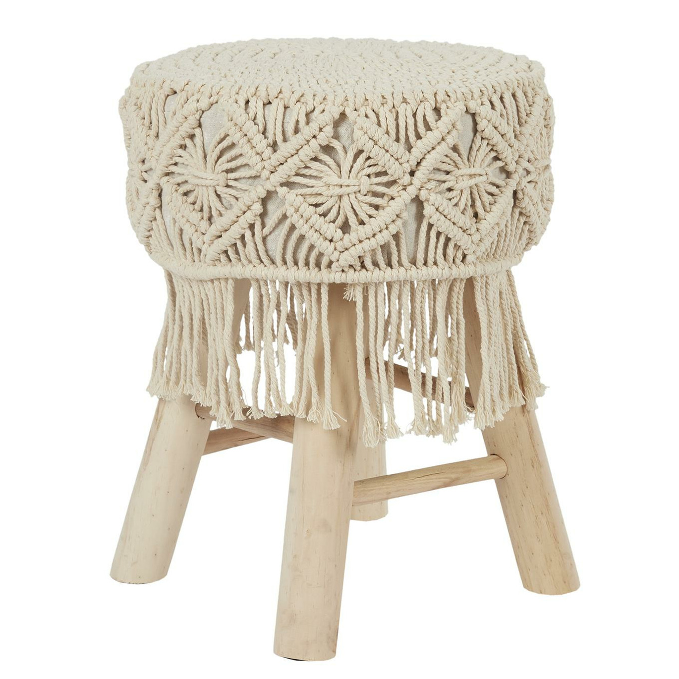 Home Deco Factory Bijzet krukje model Macrame Maroc - naturel - dennenhout - D32 x H42 cm - Meubels - Zitten -