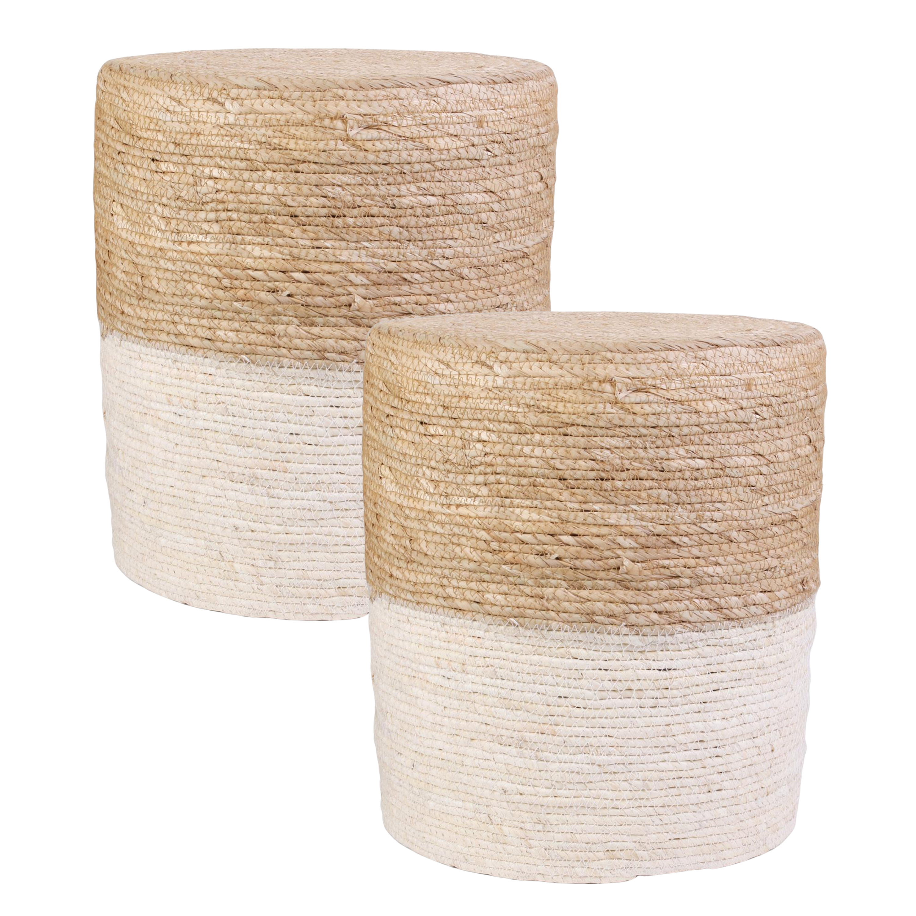 Home Deco Factory Bijzet poef Mirage - 2x - Ibiza/boho - beige - MDF - 35 x cm - gevlochten -