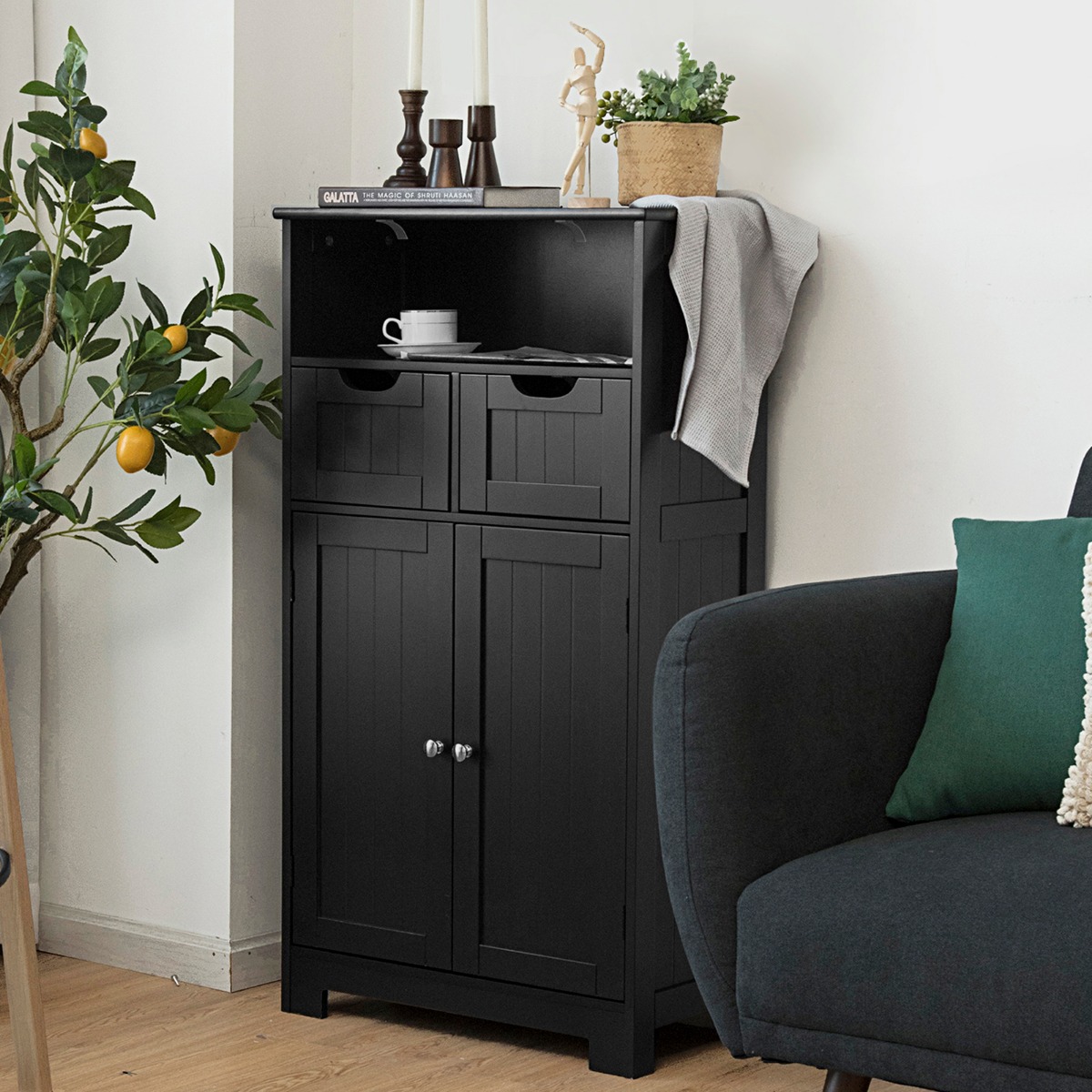 Costway Badkamer Vloerkast Opbergkast met Een Open Plank Twee Deuren en Twee Verstelbare Laden Staande Kast Zwart 60 x 30 x 109 cm