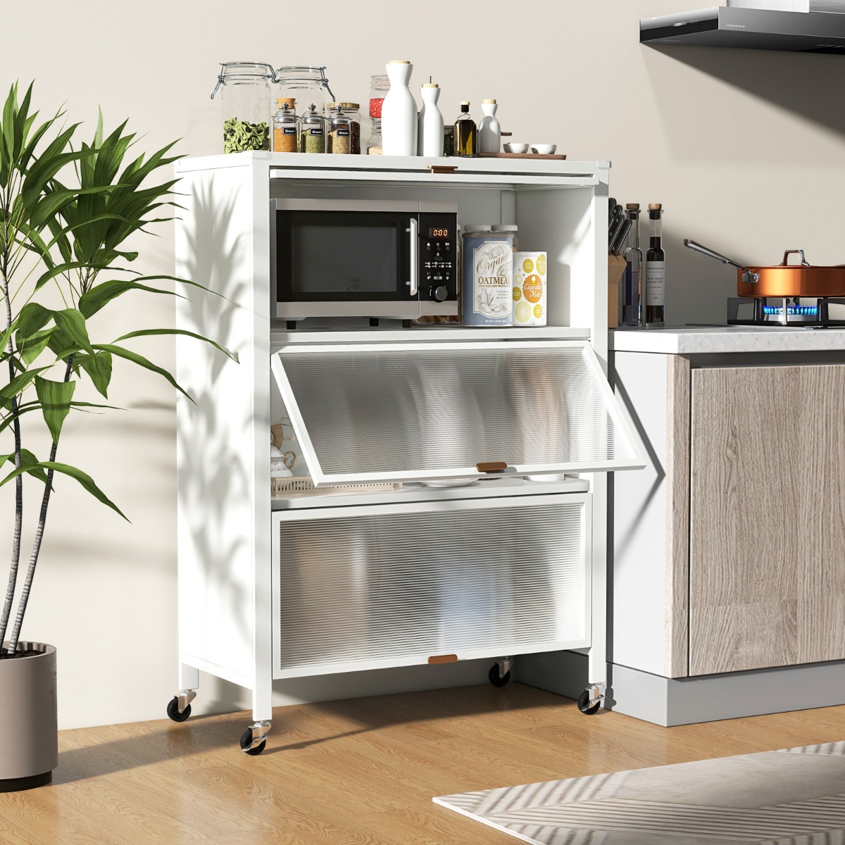 Costway Keukenplank met Vouwdeuren Metalen Magnetronrek met Universele Vergrendelbare Wielen