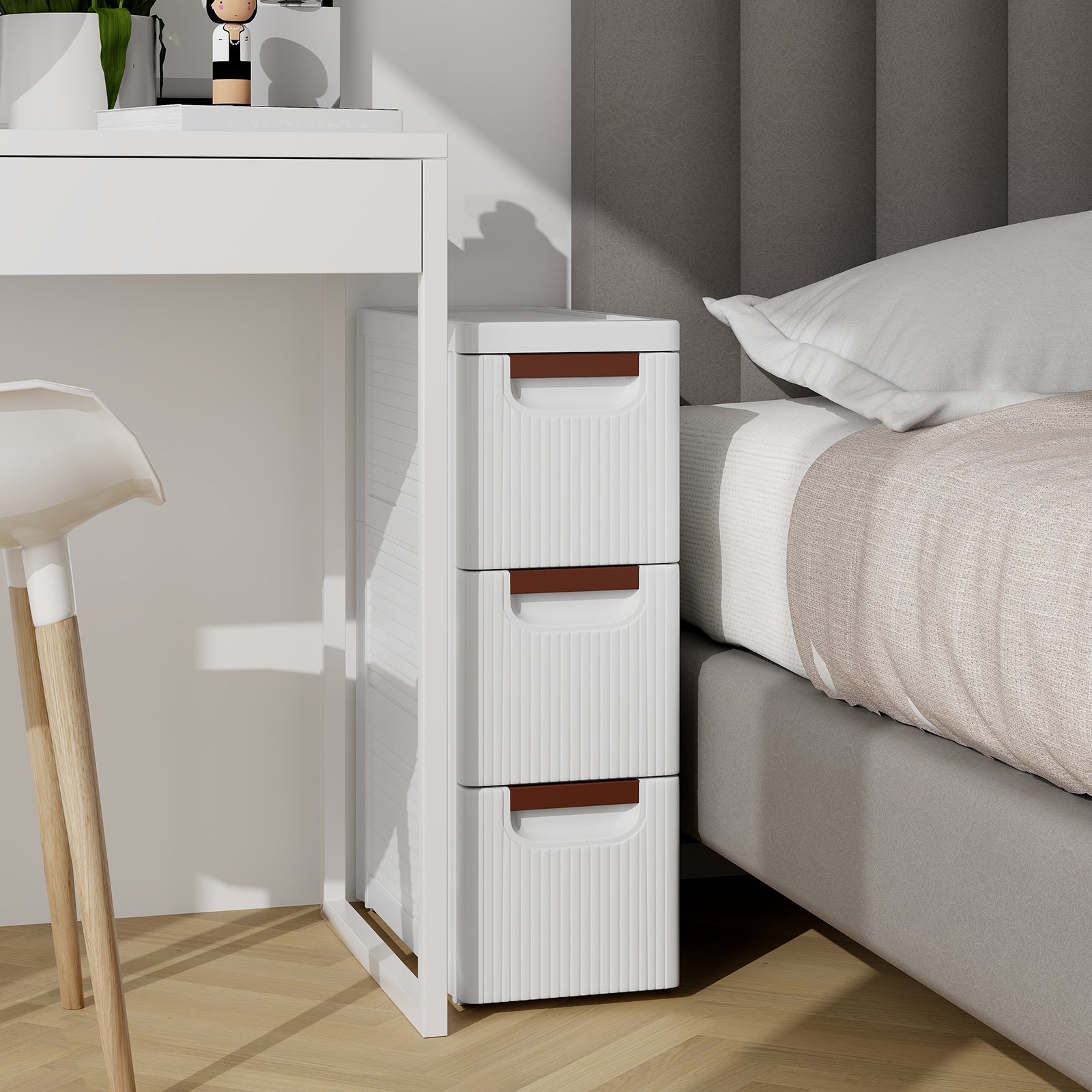 Costway Nissenkast Smal met Wielen Nissenplank 20cm Breed Nissenwagen met 4 Laden Wit (3 Laden)