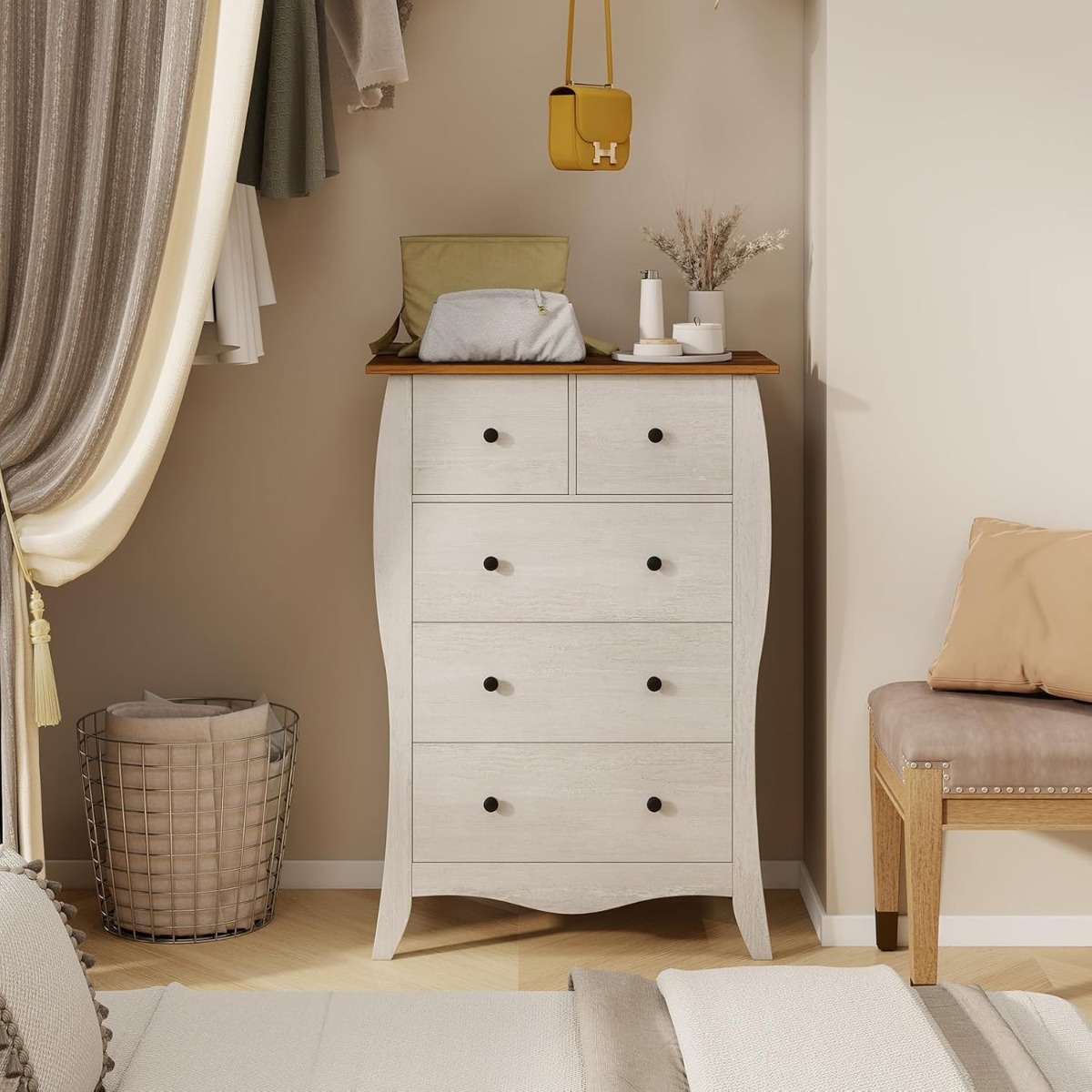 Costway Commode met 5 Laden Dressoir in Landelijke Stijl met Inklapbare Stoffen Laden Opbergkast van Hout Ladekast 67,5 x 38,5 x 97 cm
