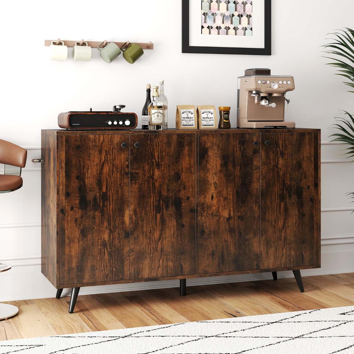 Costway Buffet Modern 4-Deurs Opbergmeubel met 5-Voudig Verstelbare Planken Vrijstaande Kast voor Woonkamer Keuken Bruin/Wit