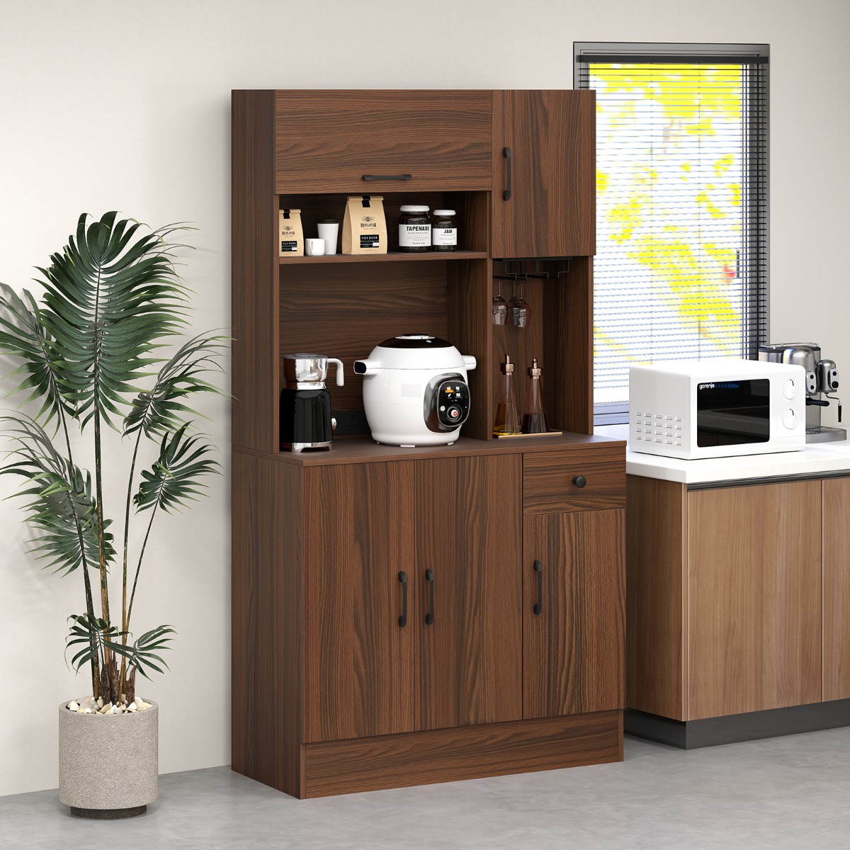 Costway Houten Keukenkast Dressoir met Stopcontacten en USB-Poorten & Type C Hoge Kast met Verstelbare Planken en Lade 90 x 39 x 167 cm