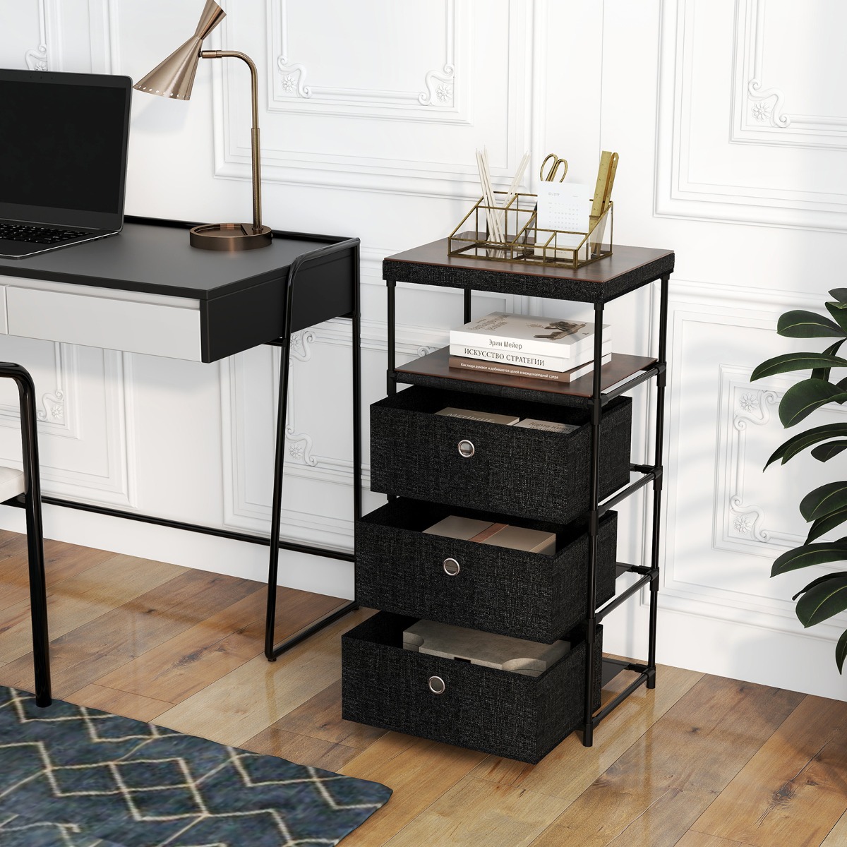 Costway Ladekast met 3 Laden Stoffen Opbergmeubel met Houten Blad en Metalen Frame Ladekast voor Woonkamer Kantoor Kleedkamer