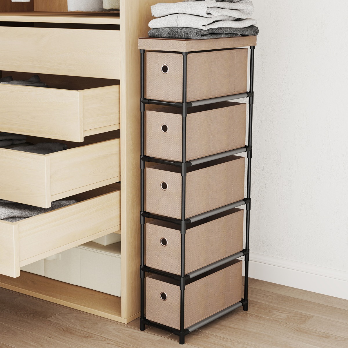 Costway Smalle Commode met 5 Lades & Metalen Frame & Houten Blad Opbergtoren Kledingorganizer Bruin