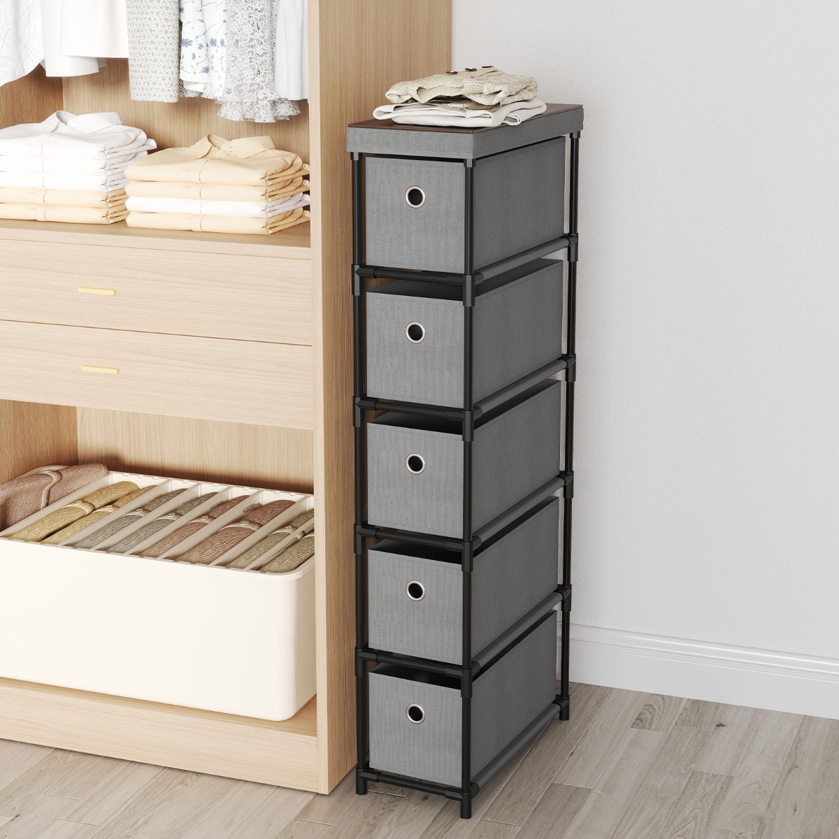 Costway Smalle Commode Met 5 Lades & Metalen Frame & Houten Blad Opbergtoren Kledingorganizer Grijs