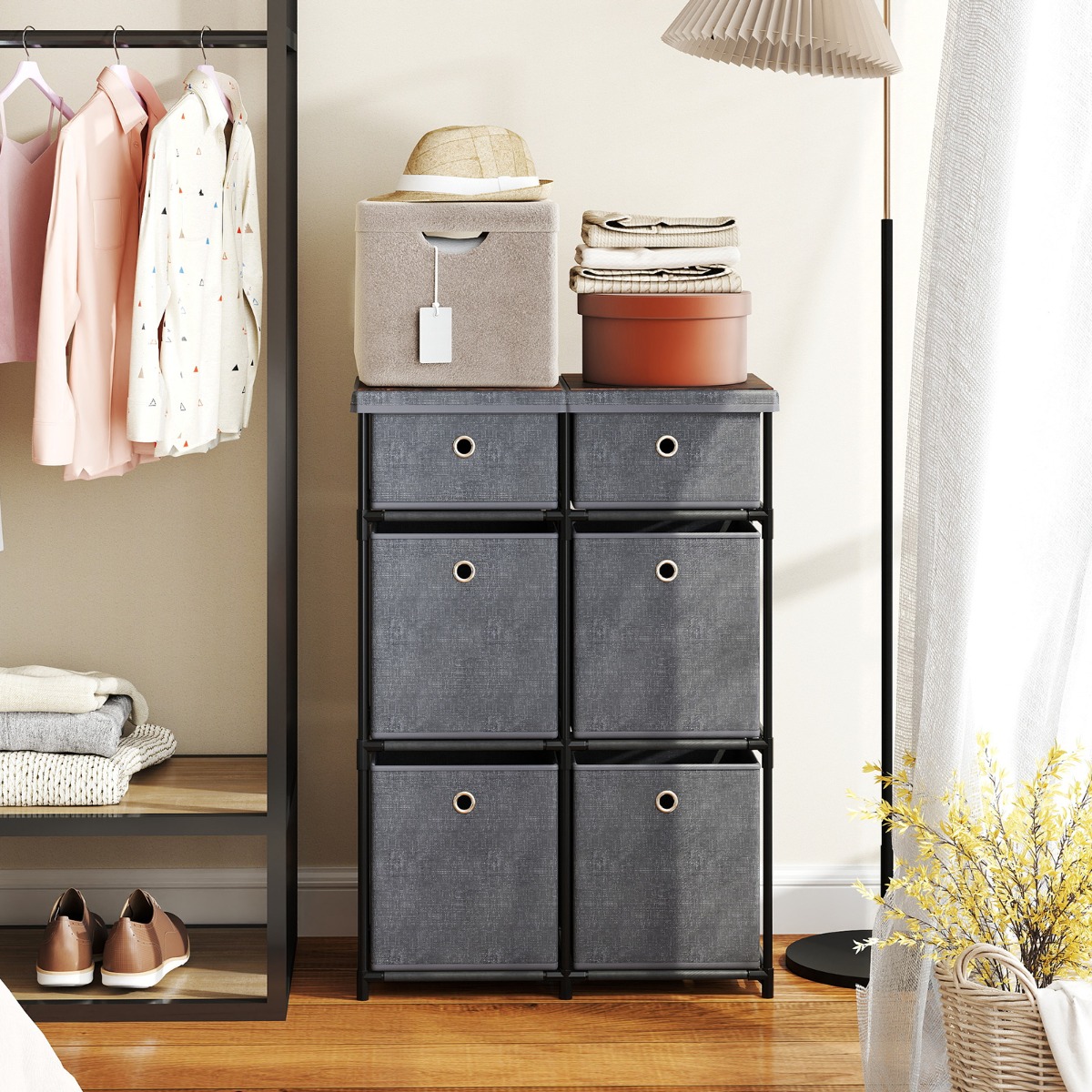 Costway Kast met Lades Opbergtabel met Metalen Frame en Opvouwbare Stoffen Containers Grijs