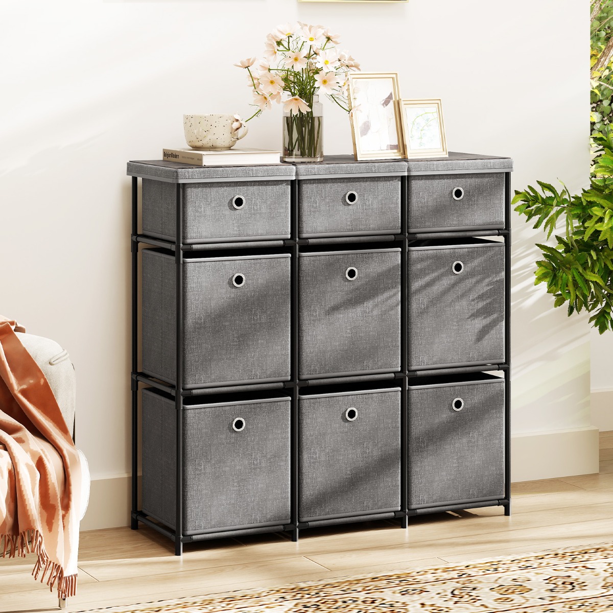 Costway Kast met Lades Opbergtabel met Metalen Frame en Opvouwbare Stoffen Containers 87 x 29 x 84 cm Grijs