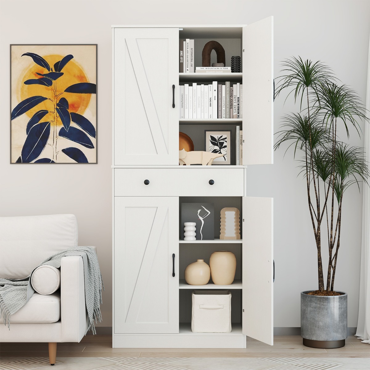 Costway 183 cm Keukenkast Moderne Boerderijstijl Kast met 4 Schuurdeuren 3 Verstelbare Planken 2 Anti-Kantelsets voor Woonkamer Eetkamer Wit