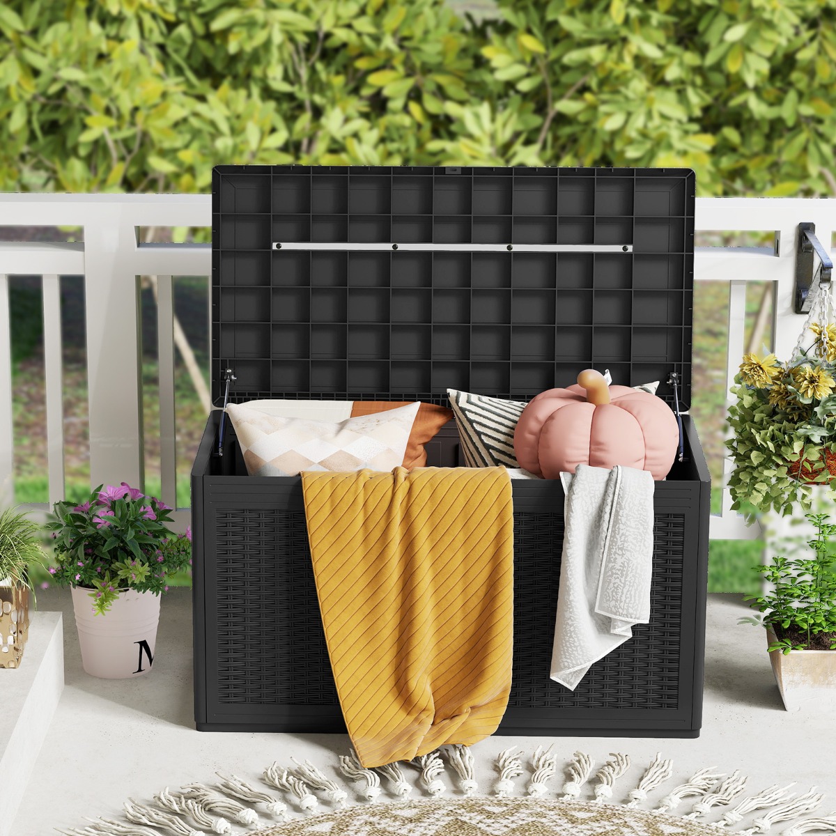 Costway 380 L Tuinbox met Wielen Waterdichte Kussenbox incl. Deksel Opbergbox Zwart