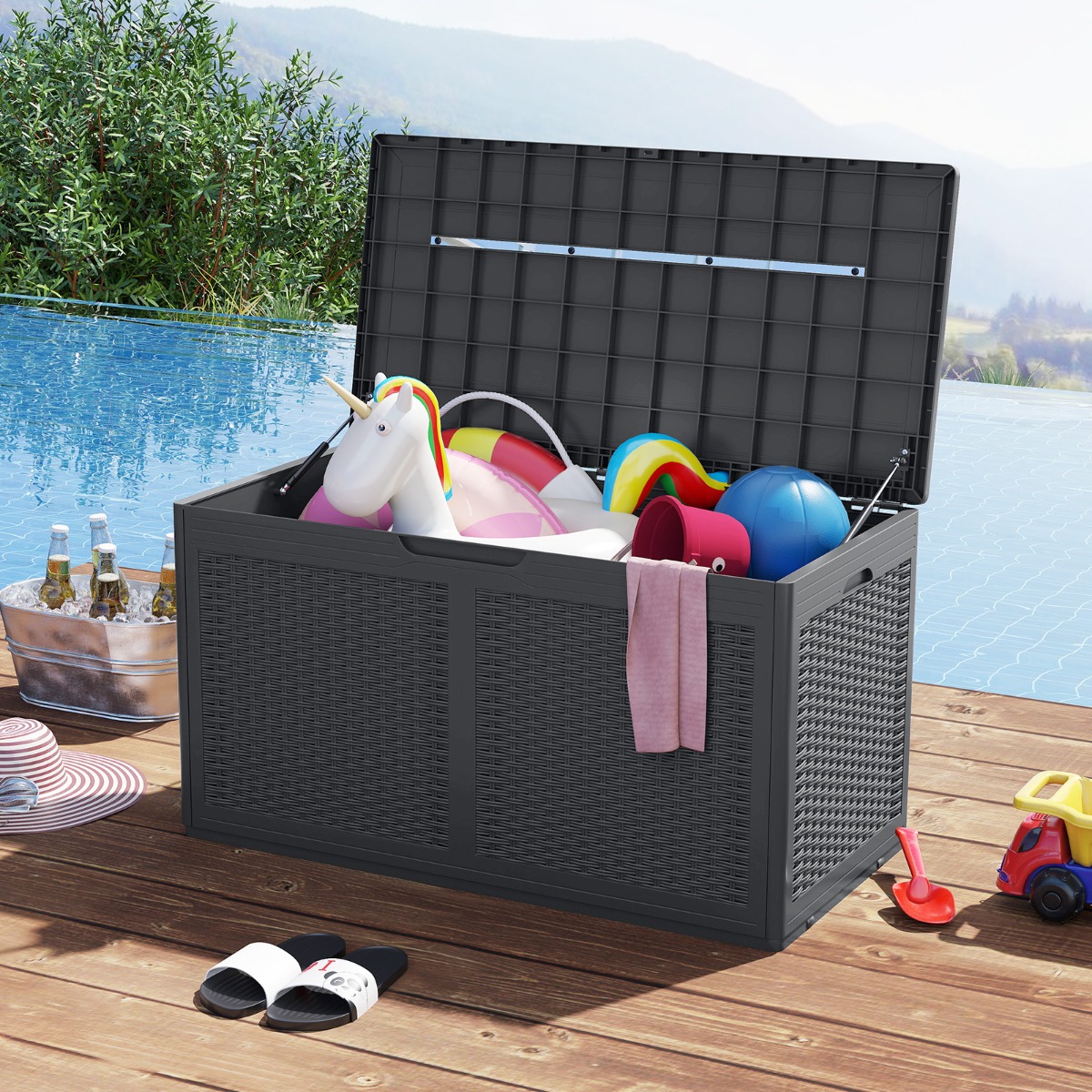 Costway 380 L Tuinbox met Wielen Waterdichte Kussenbox incl Deksel Opbergbox Grijs