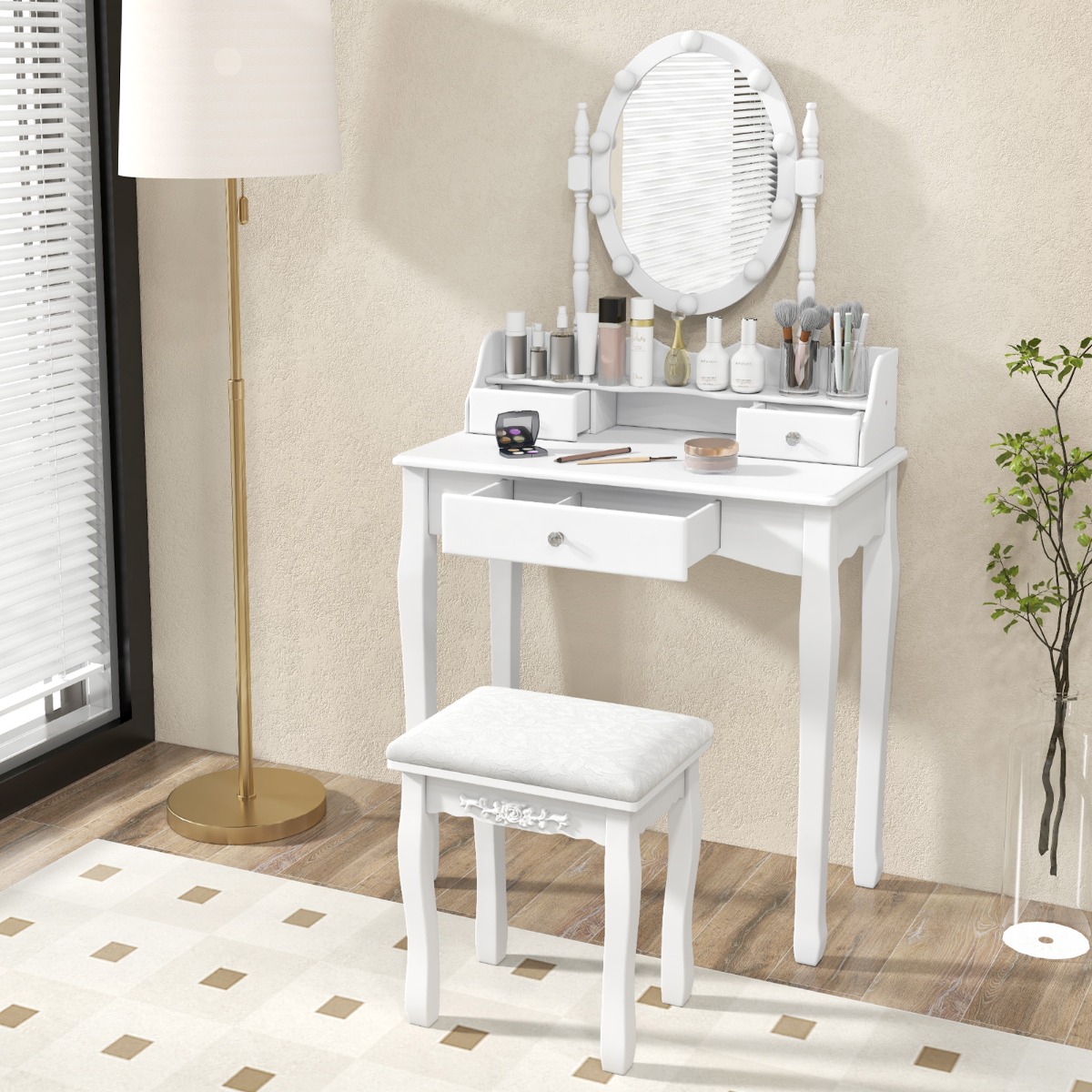 Costway Make-Uptafel met Ledverlichting Instelbare Helderheid Kaptafel met 3 Laden Kruk en 360° Draaibare Spiegel Make-Uptafel voor Slaapkamer (Wit)