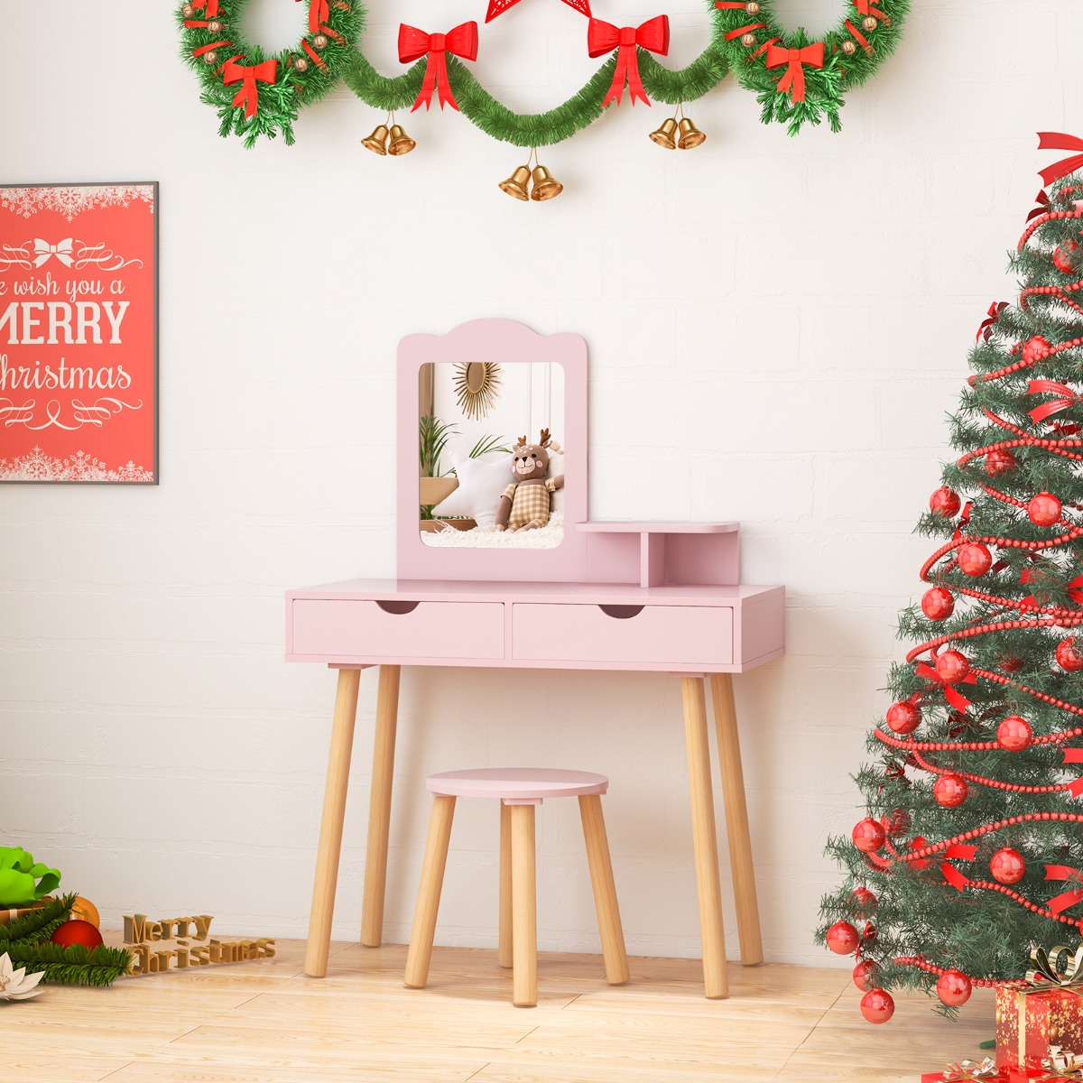 Costway Kinder Make-Up Tafel Set 2 in 1 Kaptafel Bureau & Kruk met Afneembare Spiegel Roze