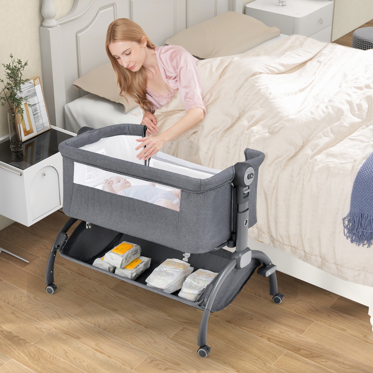 Costway Babywieg met 7-voudige Hoogteverstelling Vergrendelbare Wielen Opbergmand Matras en Zonnekap