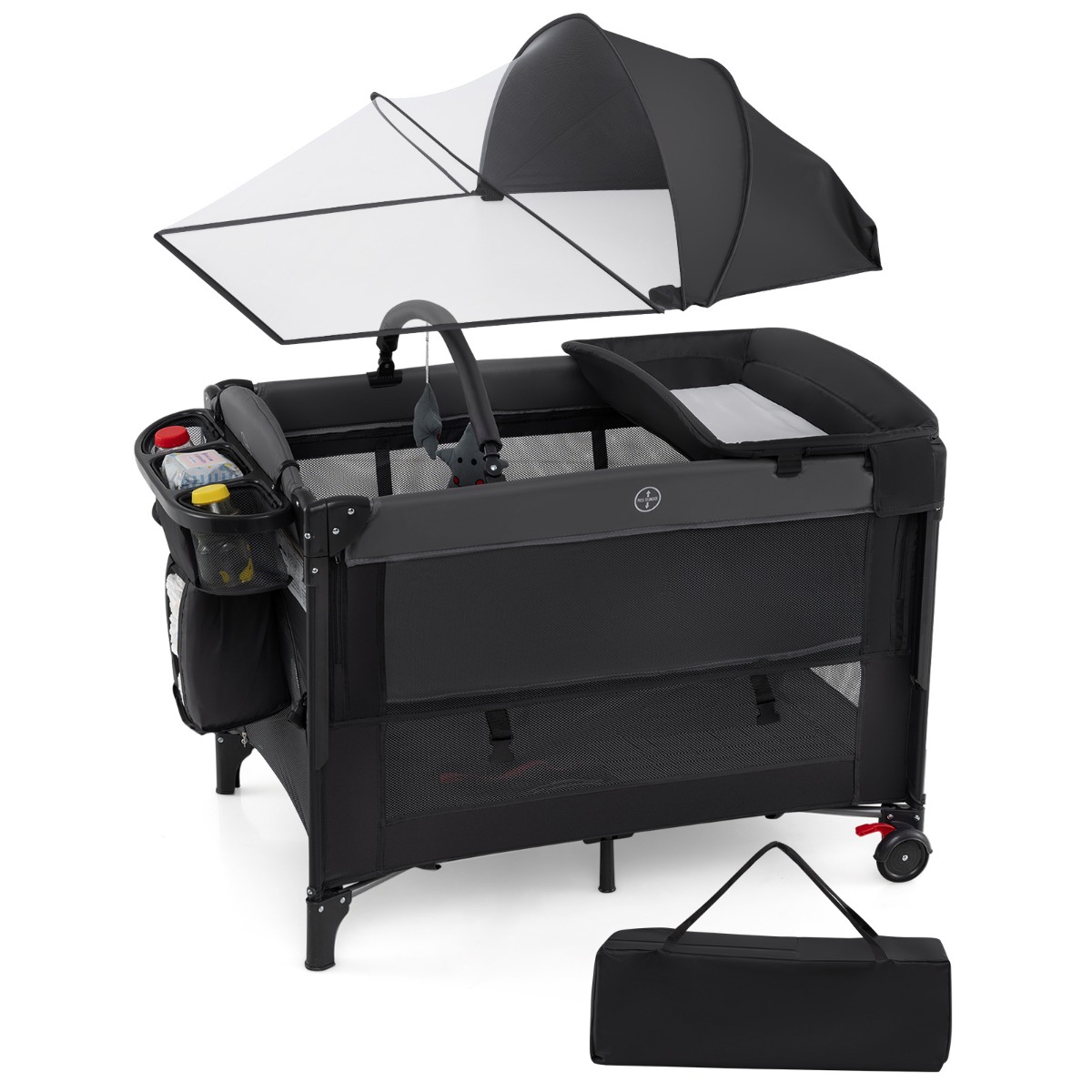 Costway 5 in 1 Baby Beistellbett Reisebett mit Matratze & Wickelauflage & Mosktionetz & Spielbogen