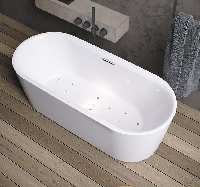 Riho Modesty vrijstaand bubbelbad sparkle mood 170x75cm wit mat met Fall overloop