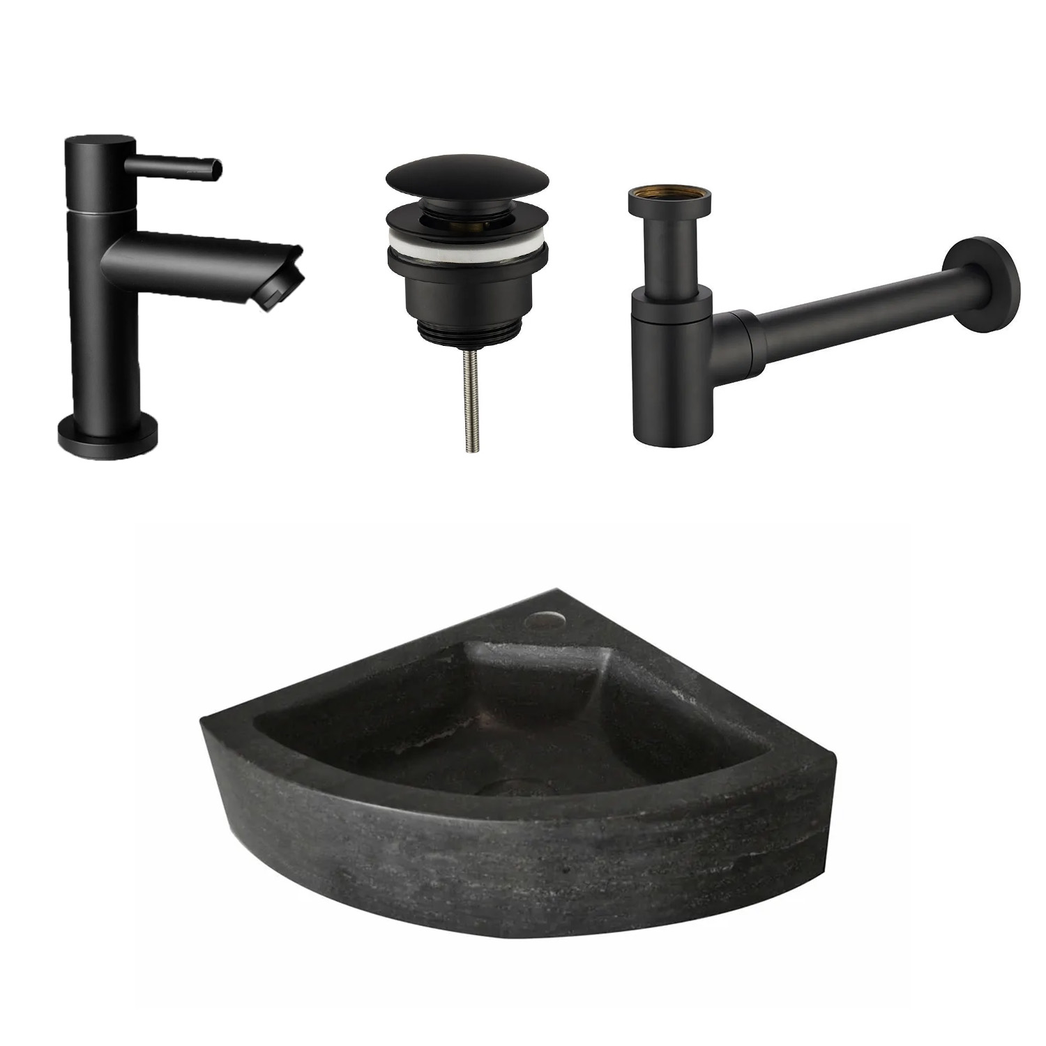 Lambini Designs Corner natuursteen fonteinset met zwarte kraan en toebehoren