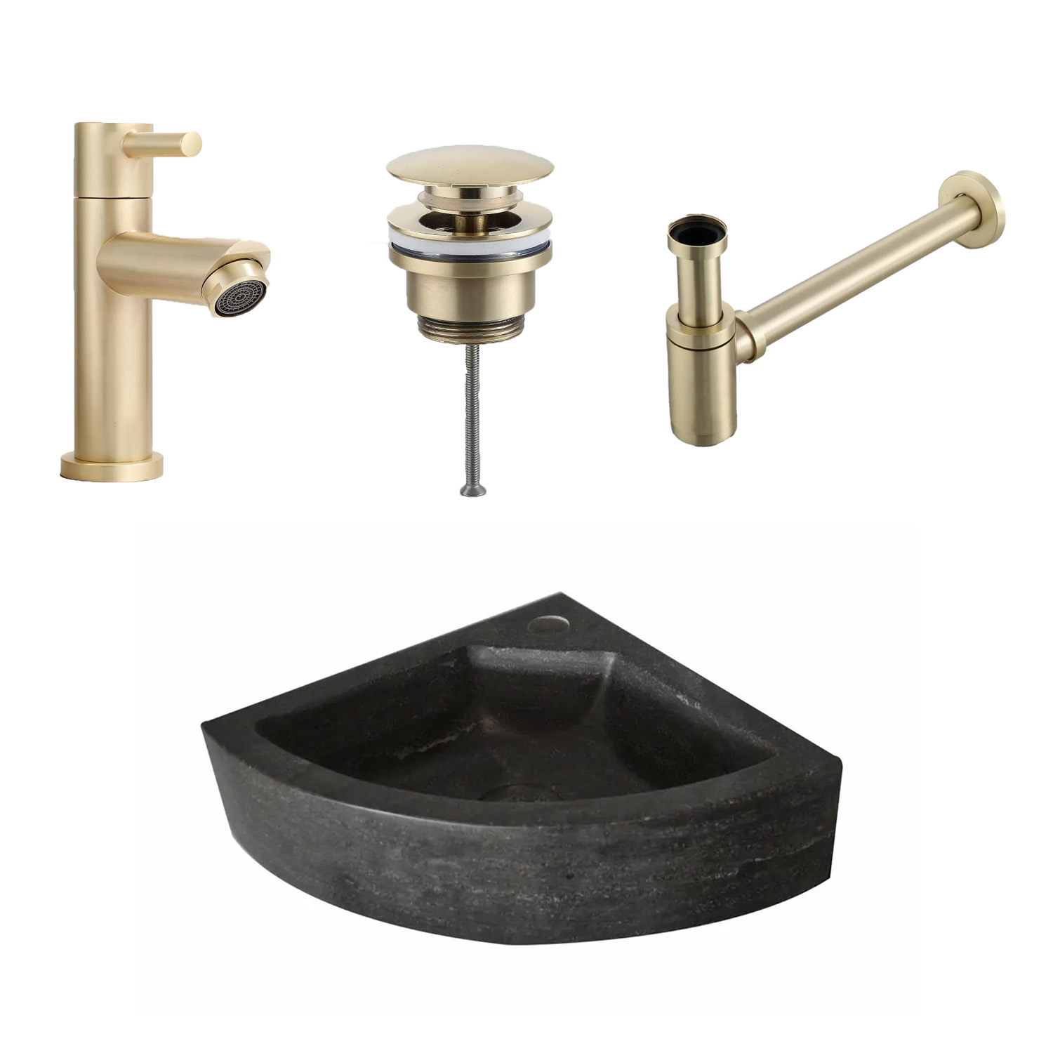 Lambini Designs Corner natuursteen fonteinset met messing kraan en toebehoren