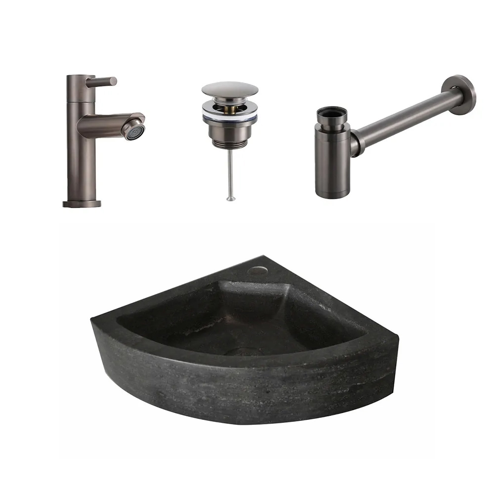 Lambini Designs Corner natuursteen fonteinset met gunmetal kraan en toebehoren