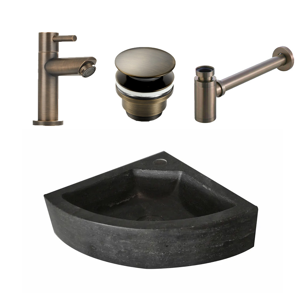 Lambini Designs Corner natuursteen fonteinset met verouderd messing kraan en toebehoren
