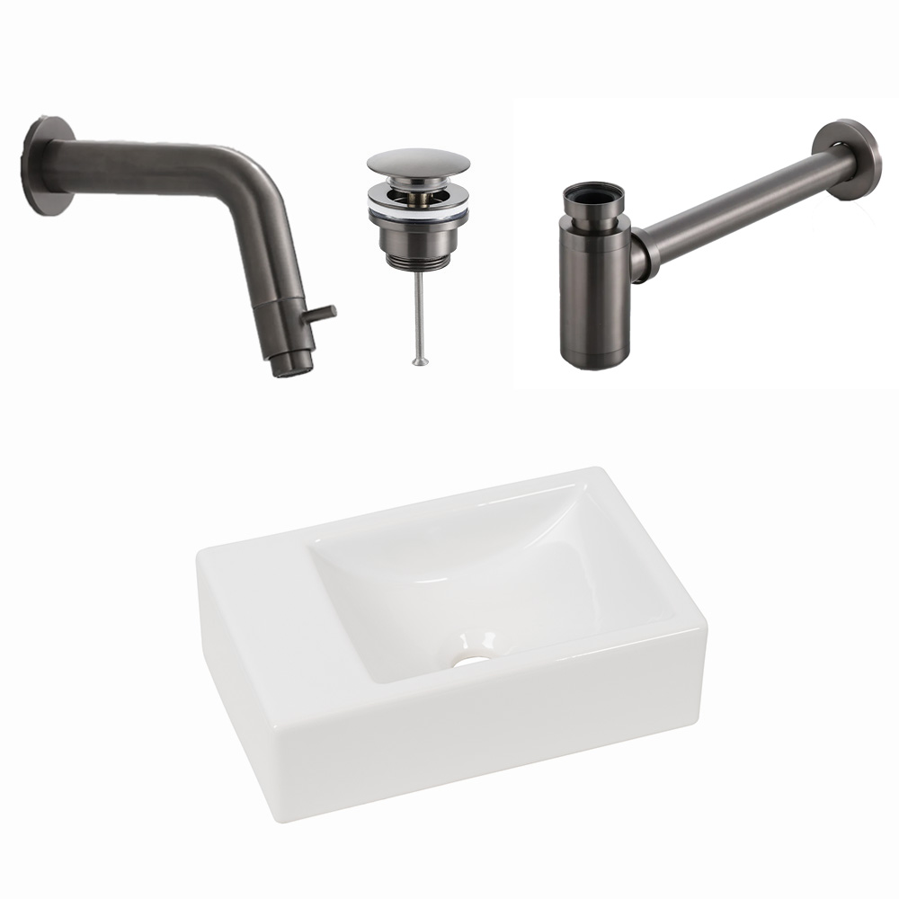 Plieger Houston fonteinset met witte fontein links en gunmetal inbouwkraan