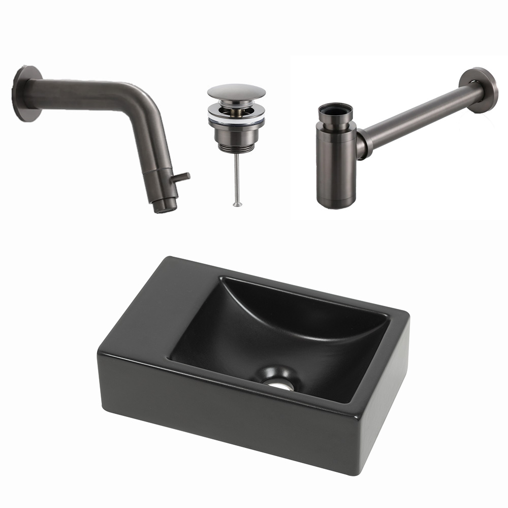 Plieger Houston fonteinset met zwarte fontein links en gunmetal inbouwkraan
