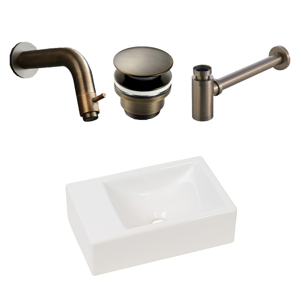 Plieger Houston fonteinset met witte fontein links en verouderd messing inbouwkraan