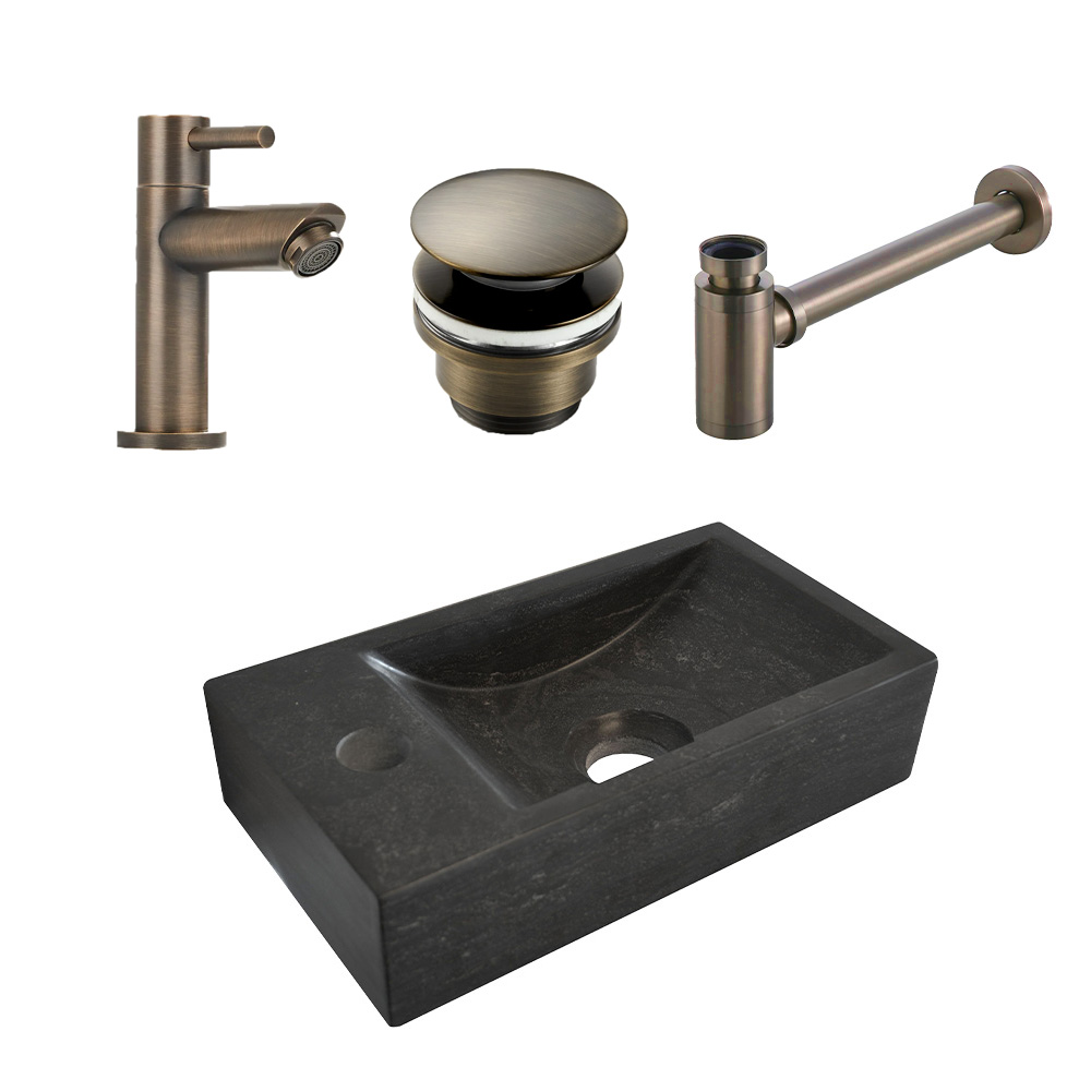 Mueller Small natuursteen fonteinset links met verouderd messing kraan en toebehoren