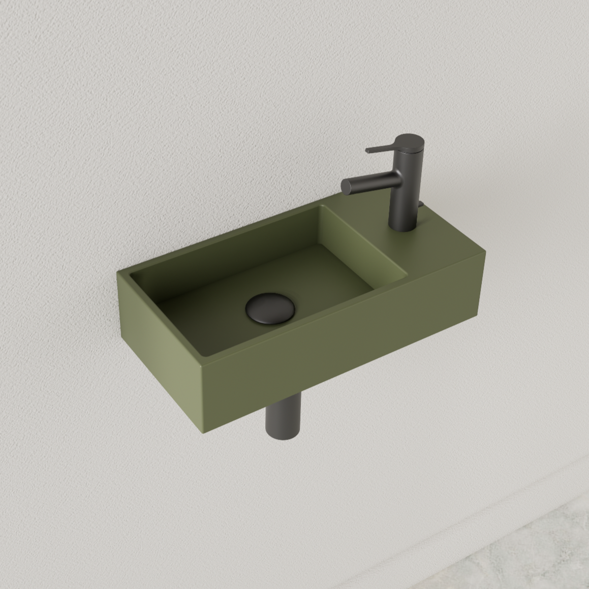 SaniGoods Nano fontein rechts olijf groen met kraangat 36x18cm