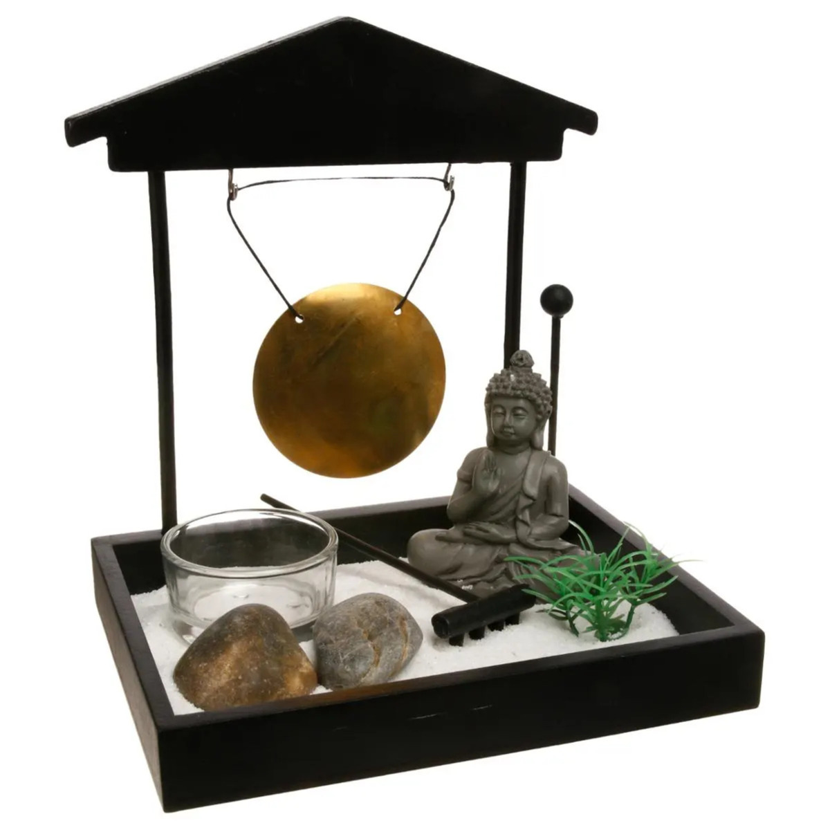 Atmosphera Boeddha zen tuin met gong - voor binnen - zwart - 15 x 16 cm -