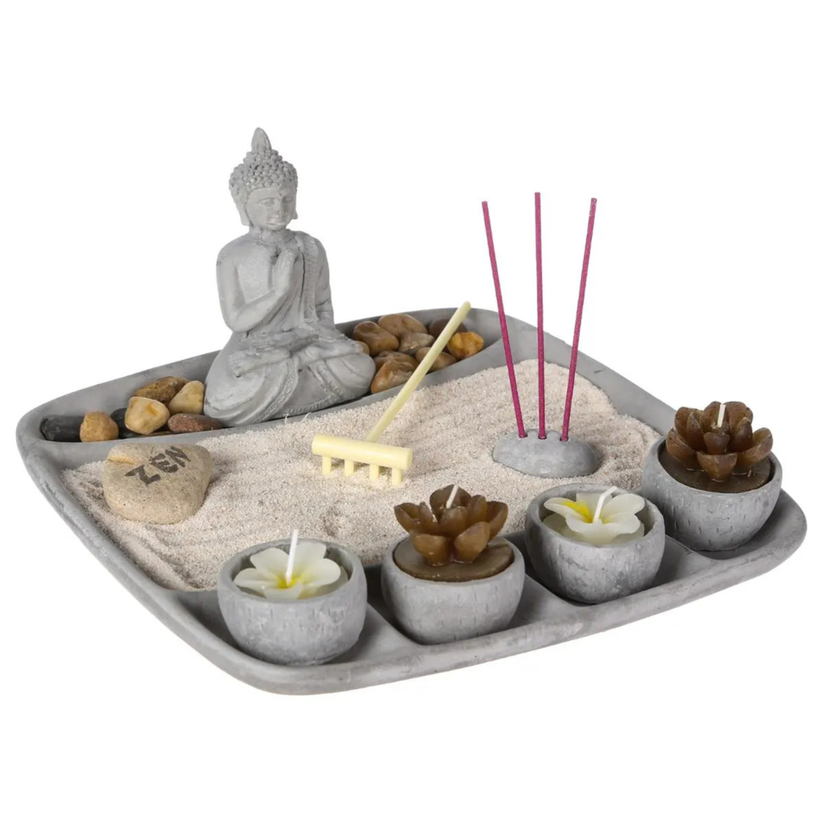 Atmosphera Boeddha zen tuin met waxinelichthouders - voor binnen - cement - 23 x 23 cm -